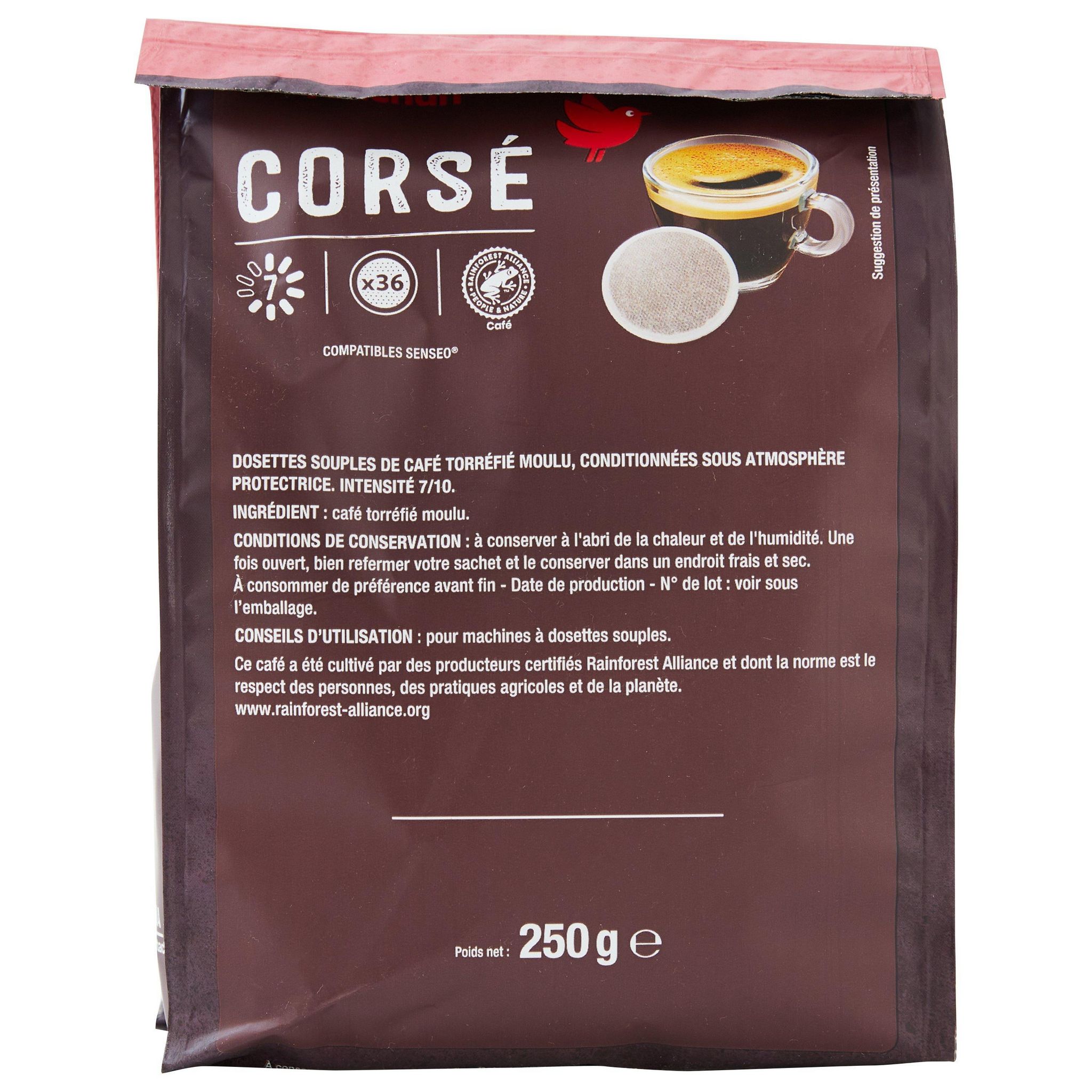 Voir la diapositive 4 : AUCHAN Dosettes de café corsé intensité 7 compatibles Senseo 36 dosettes 250g