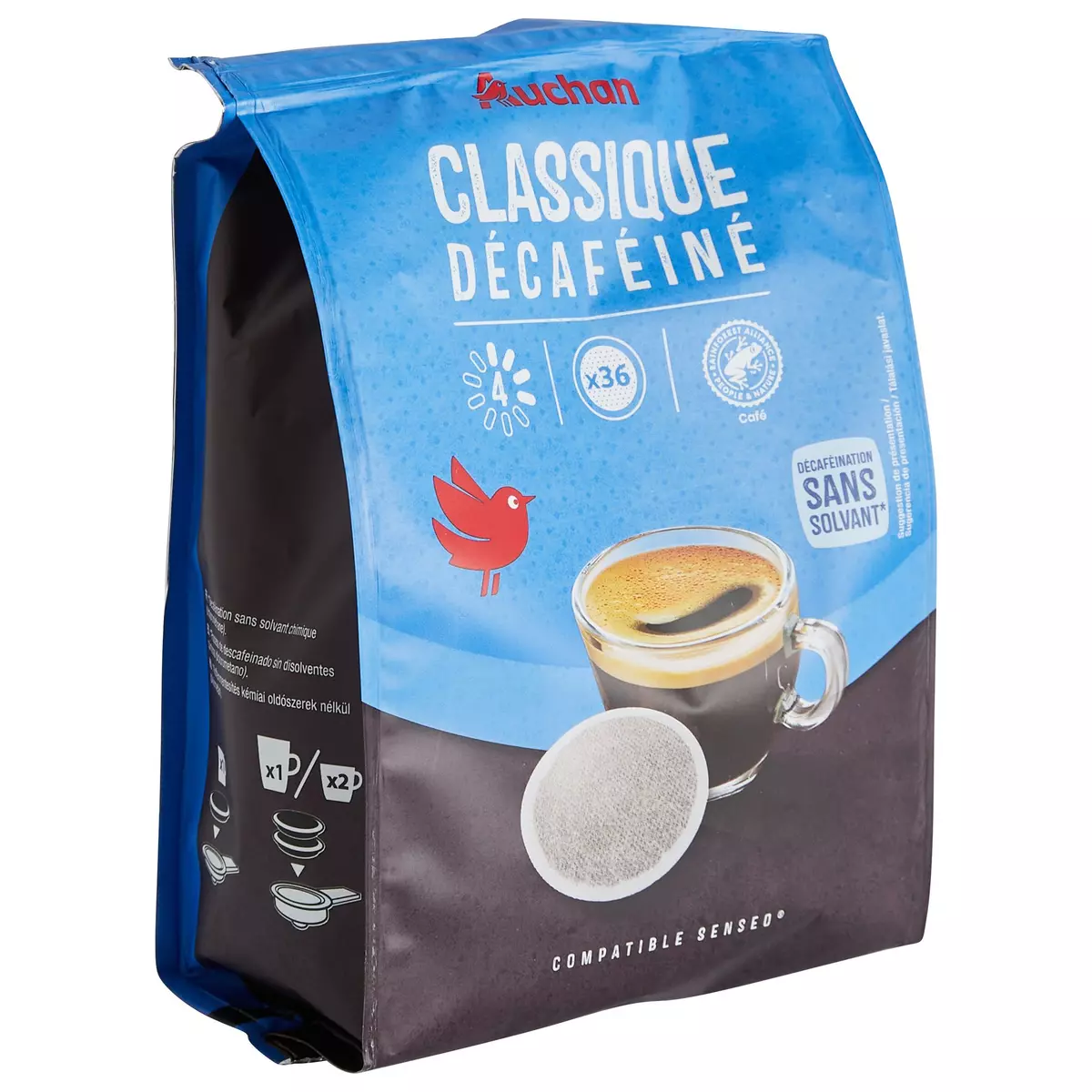 AUCHAN Dosettes de café classico décaféiné intensité 4 compatibles Senseo 36 dosettes 250g