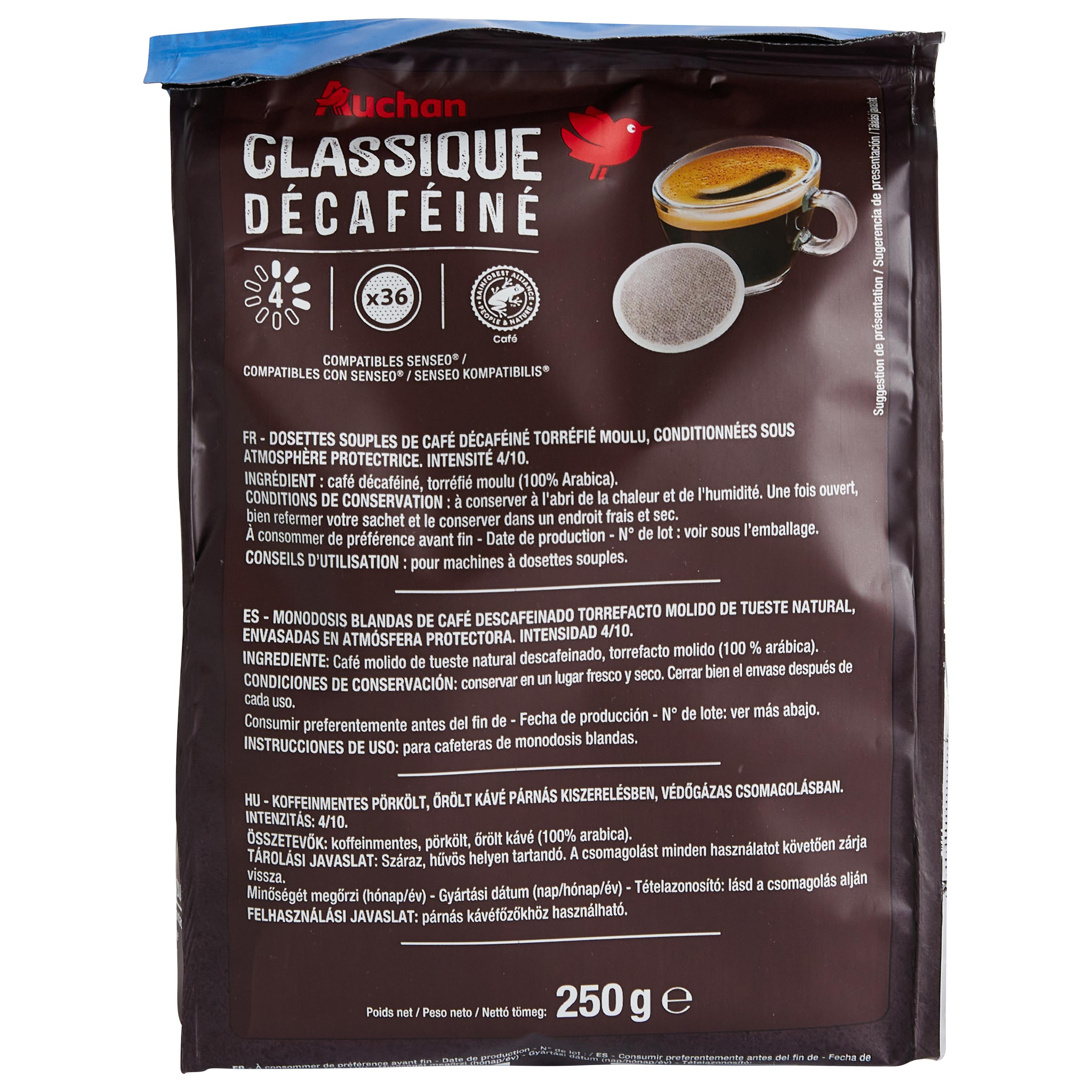 Voir la diapositive 2 : AUCHAN Dosettes de café classico décaféiné intensité 4 compatibles Senseo 36 dosettes 250g