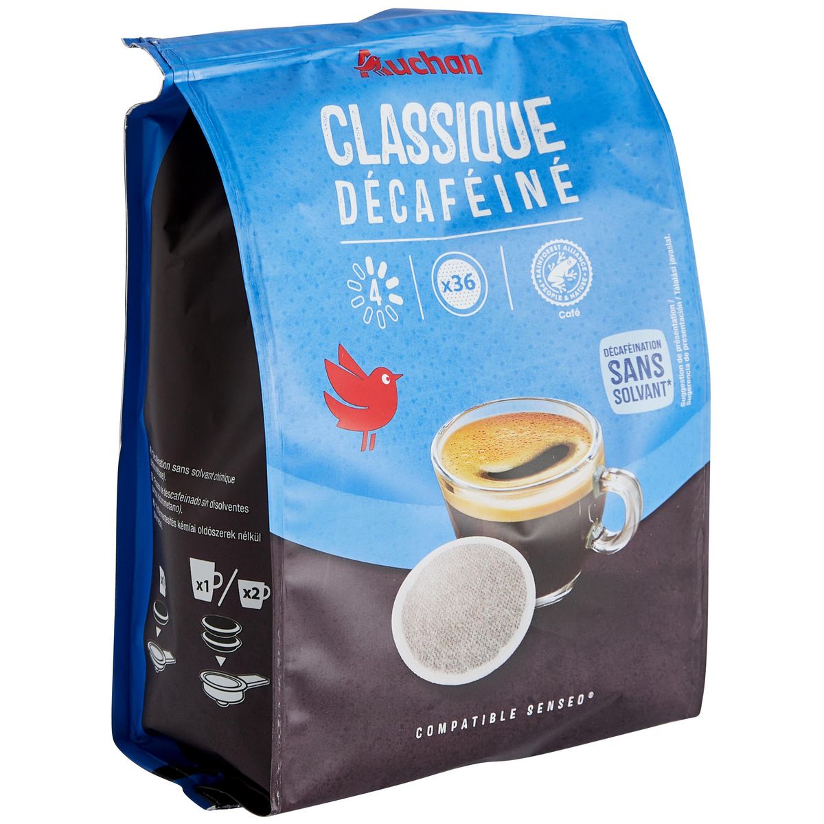 AUCHAN Dosettes de café classico décaféiné intensité 4 compatibles Senseo 36 dosettes 250g