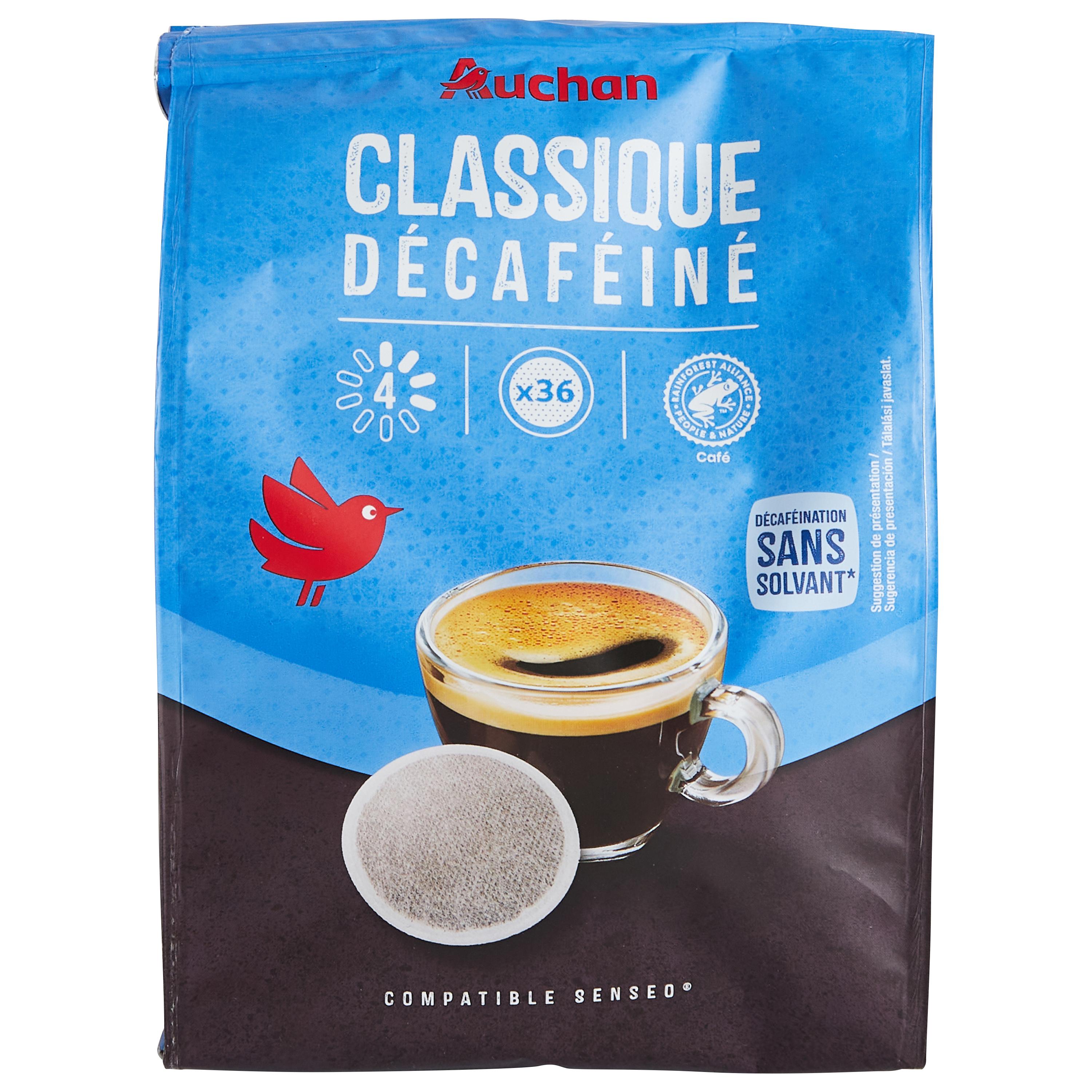 Voir la diapositive 4 : AUCHAN Dosettes de café classico décaféiné intensité 4 compatibles Senseo 36 dosettes 250g