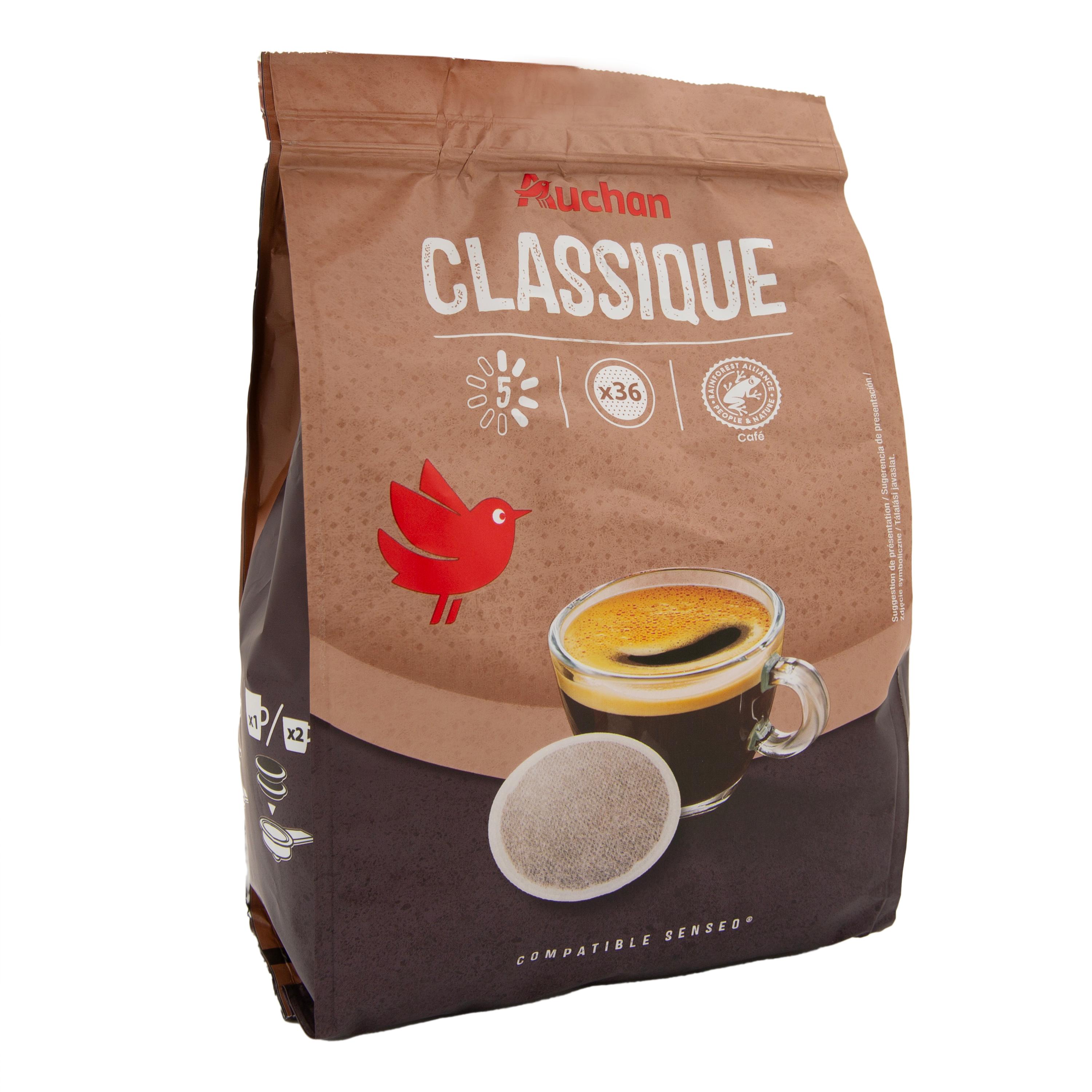 Voir la diapositive 2 : AUCHAN Dosettes de café classique intensité 5 compatibles Senseo 36 dosettes 250g