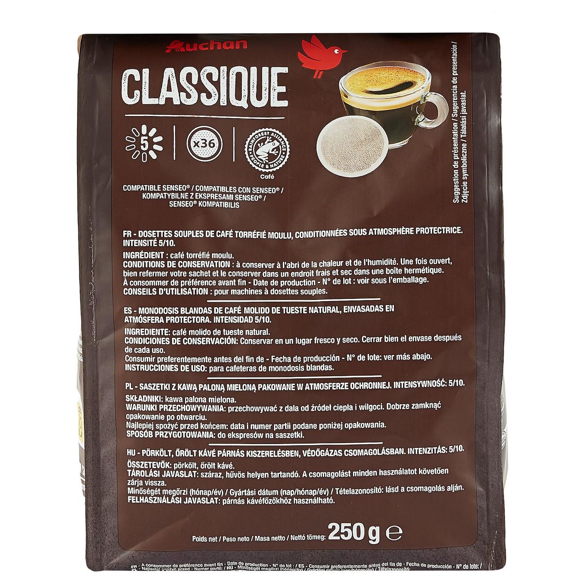 AUCHAN Dosettes de café classique intensité 5 compatibles Senseo 36 dosettes 250g