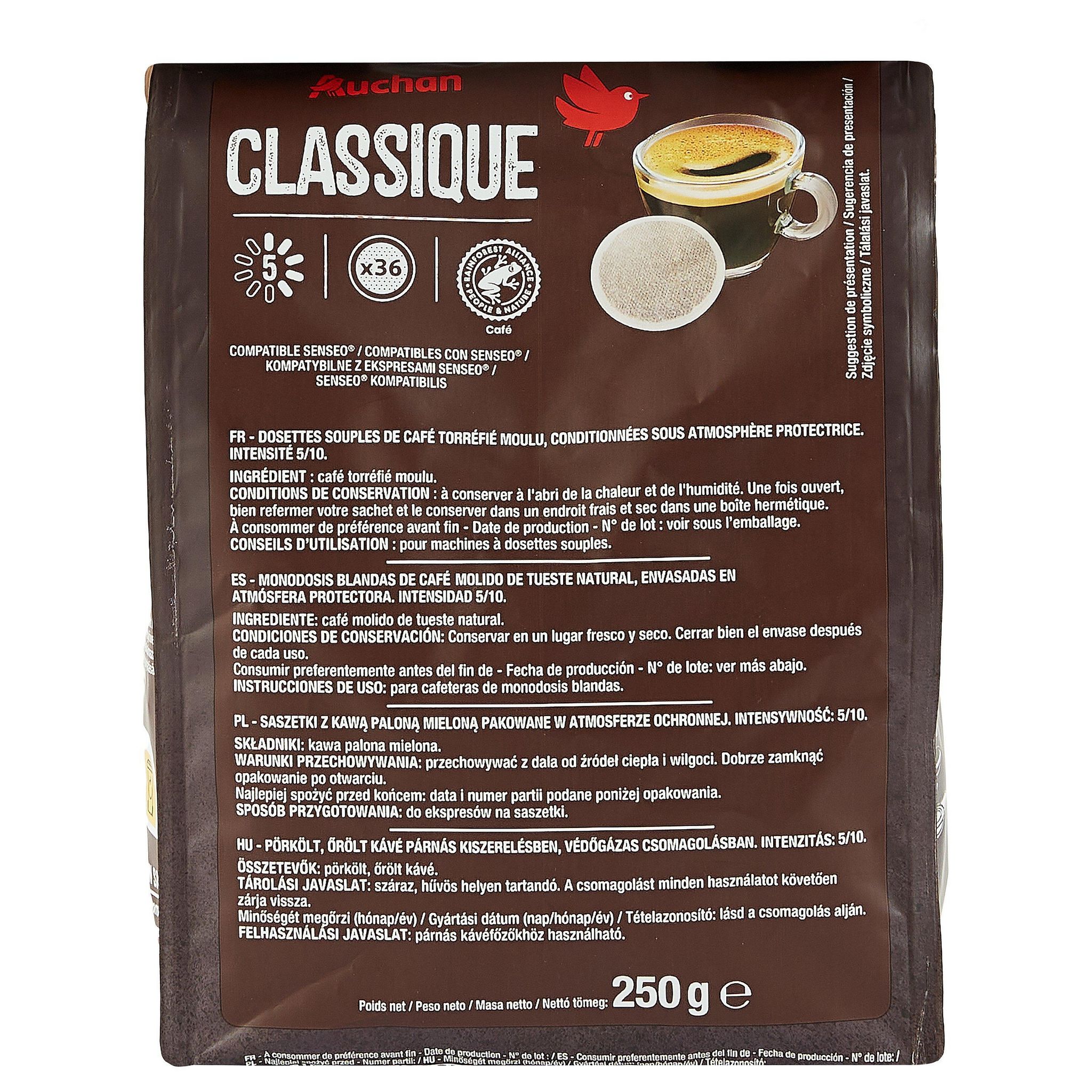 Voir la diapositive 2 : AUCHAN Dosettes de café classique intensité 5 compatibles Senseo 36 dosettes 250g