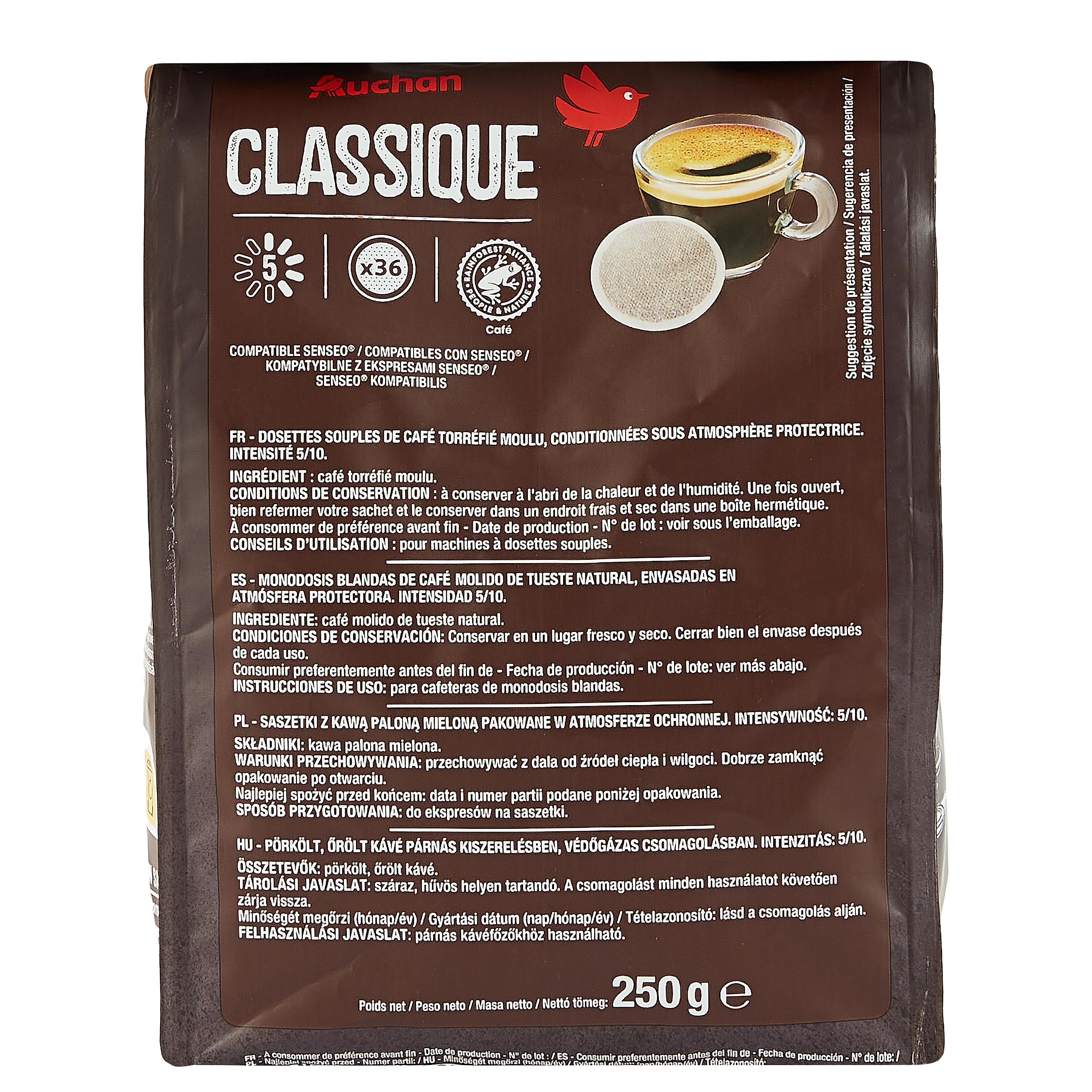 Voir la diapositive 3 : AUCHAN Dosettes de café classique intensité 5 compatibles Senseo 36 dosettes 250g