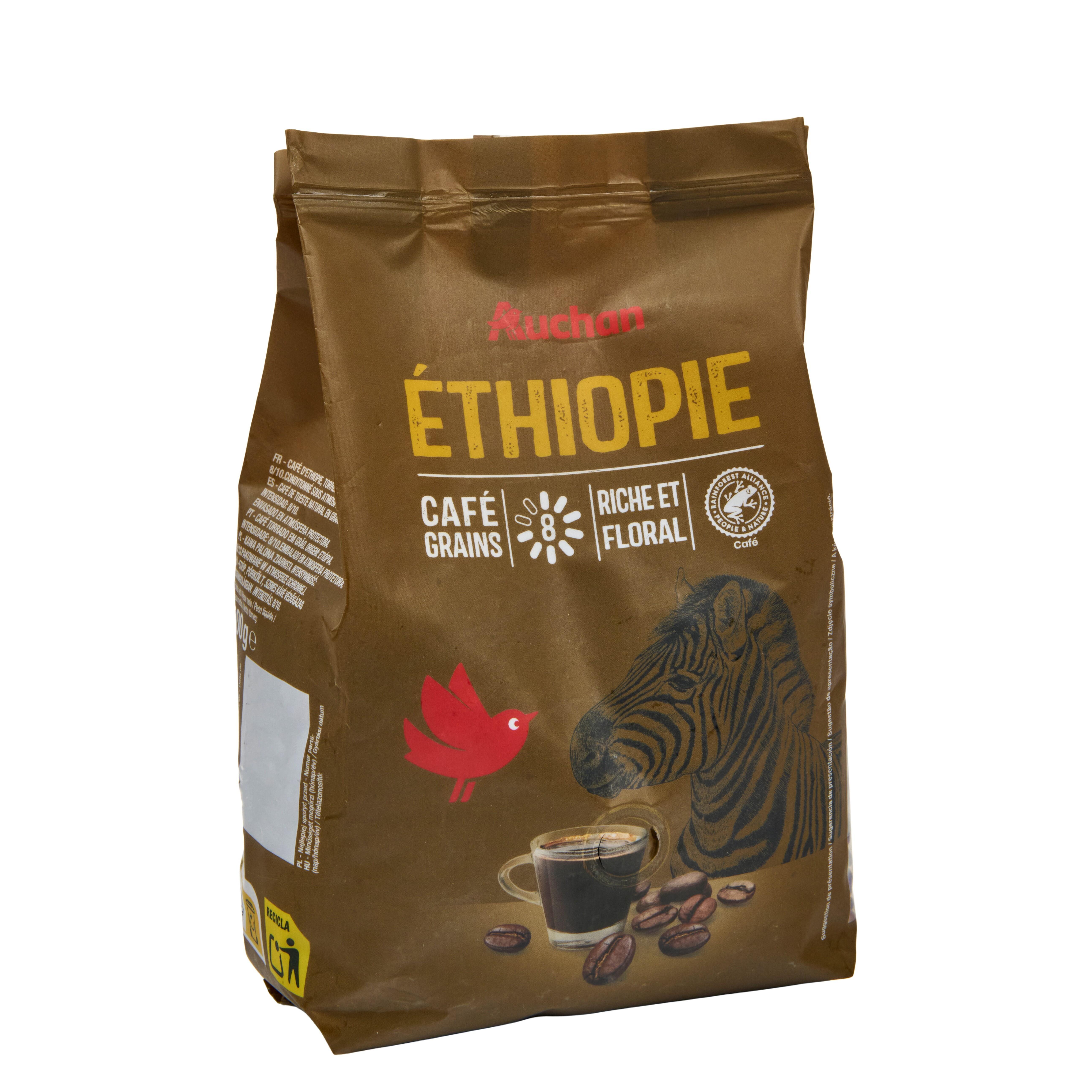 Voir la diapositive 2 : AUCHAN Café en grain Ethiopie intensité 8 riche et floral 100 tasses 500g