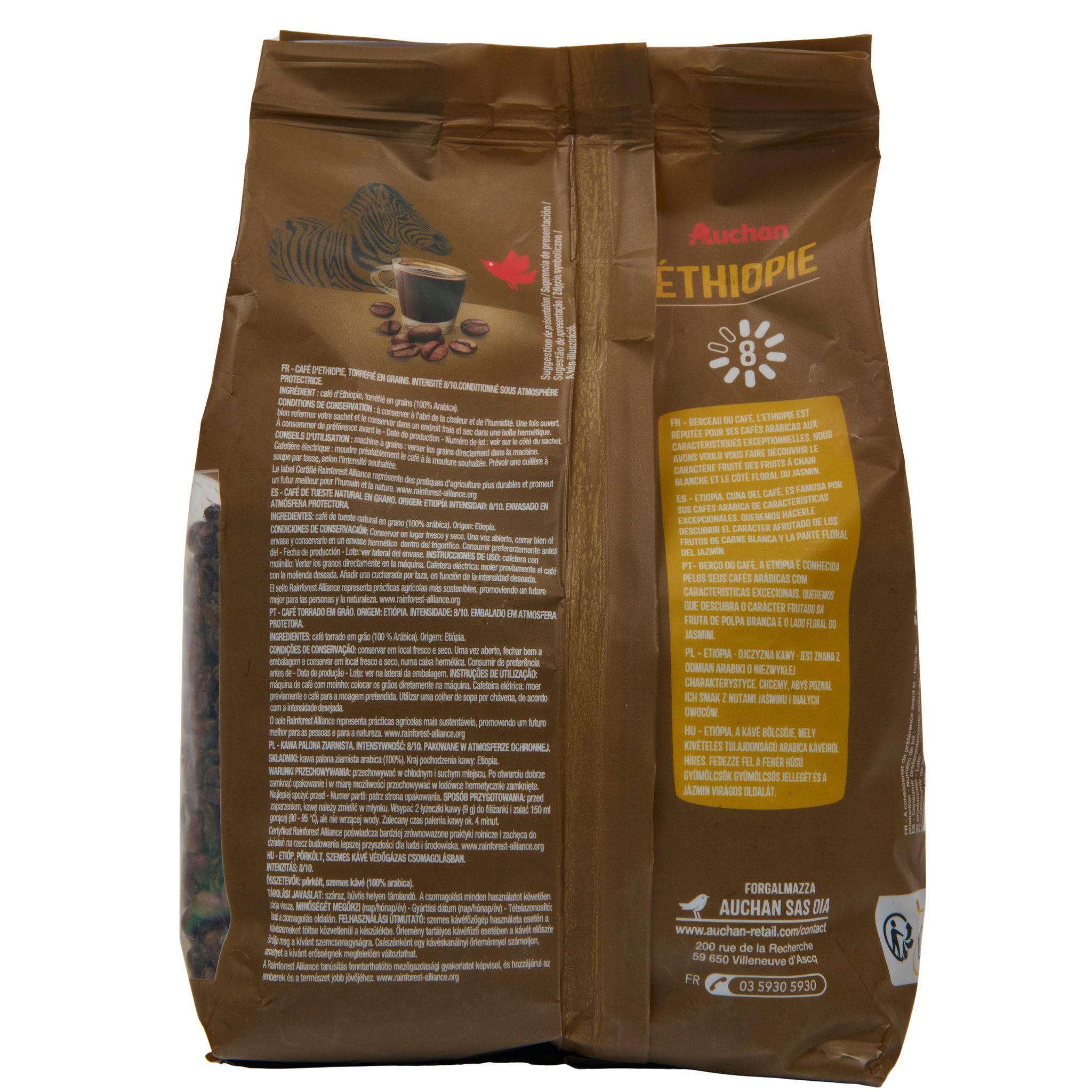 Voir la diapositive 3 : AUCHAN Café en grain Ethiopie intensité 8 riche et floral 100 tasses 500g