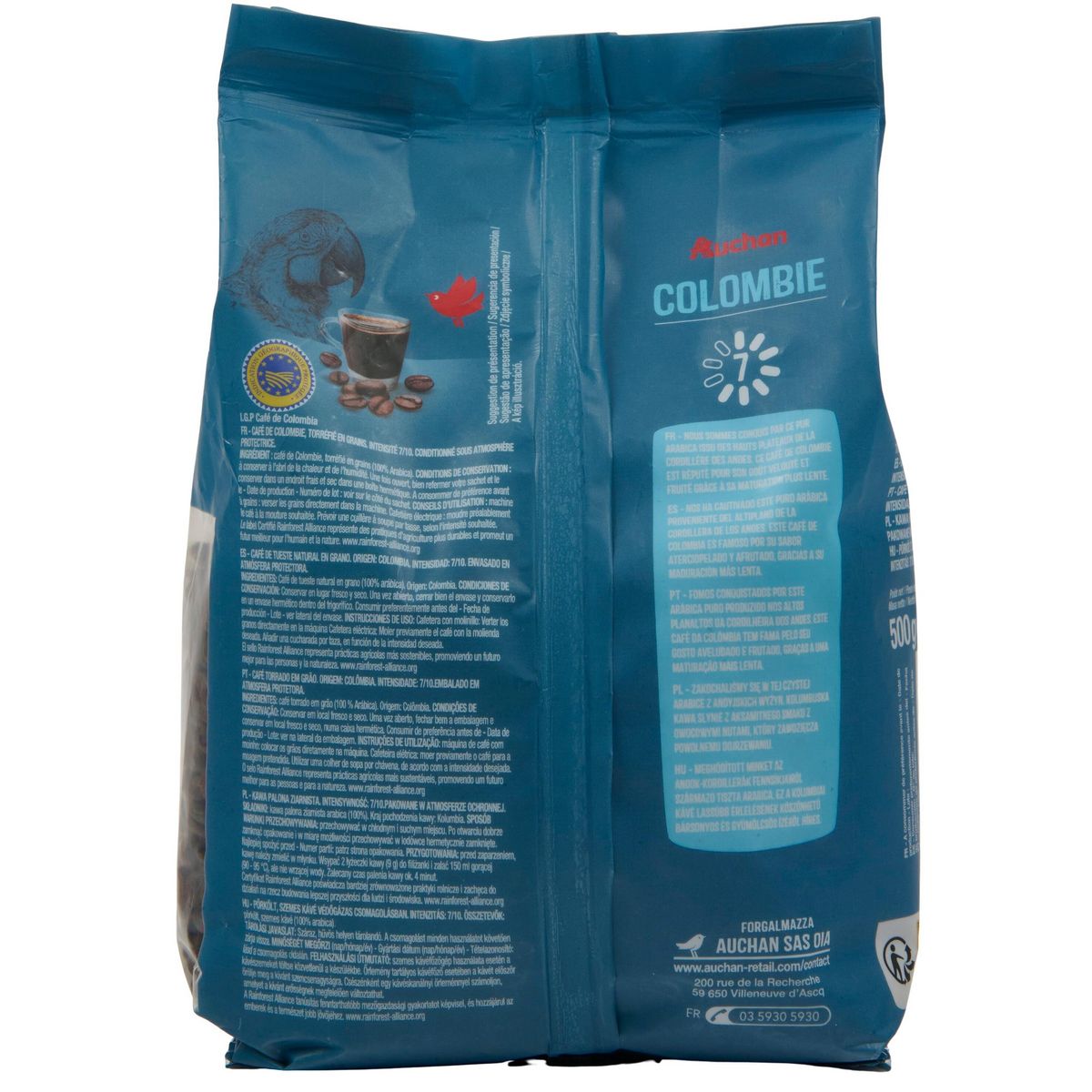 AUCHAN Café en grains Colombie doux et acidulé intensité 7 500g