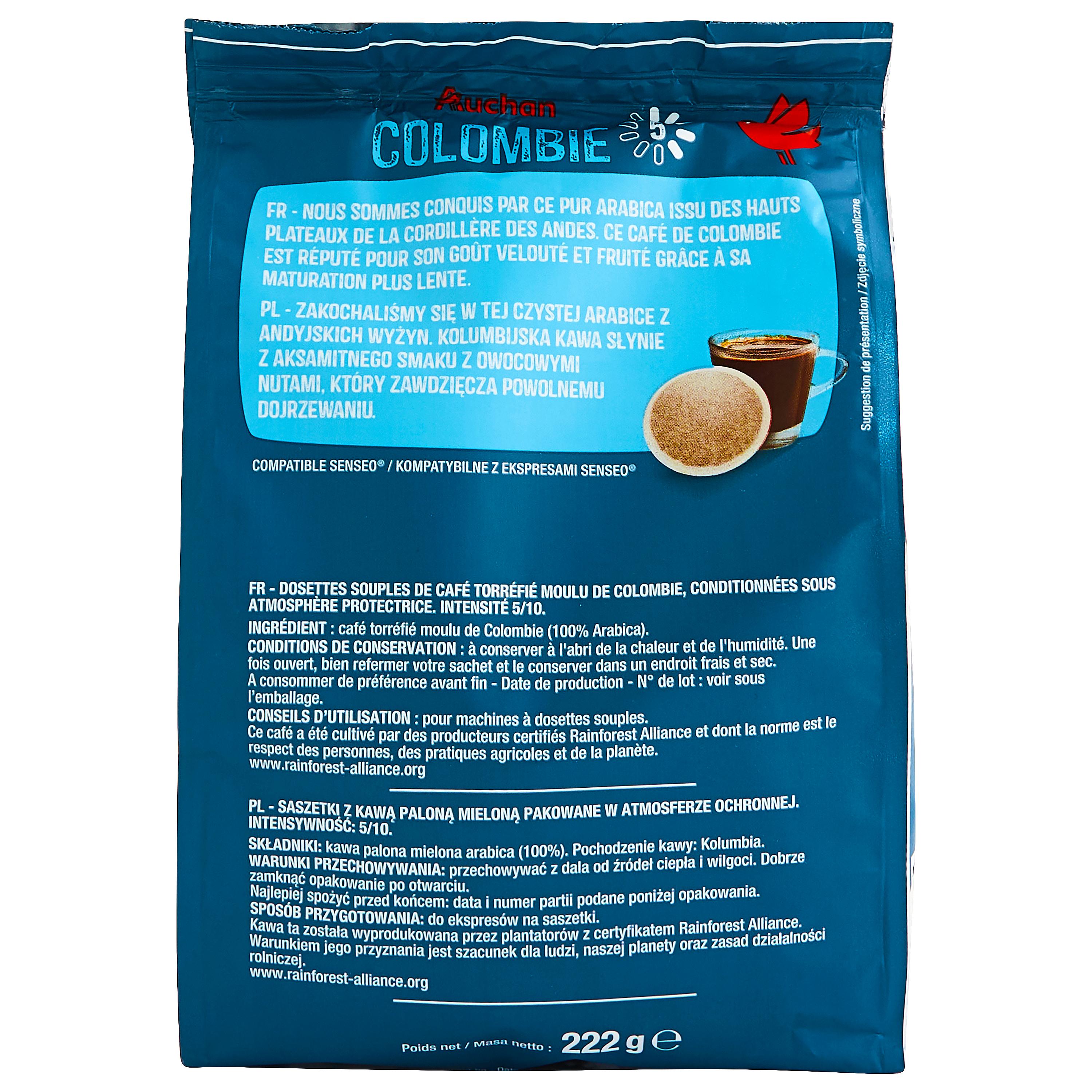 Voir la diapositive 2 : AUCHAN Café en dosettes Colombie doux et acidulé intensité 5 32 dosettes 222g