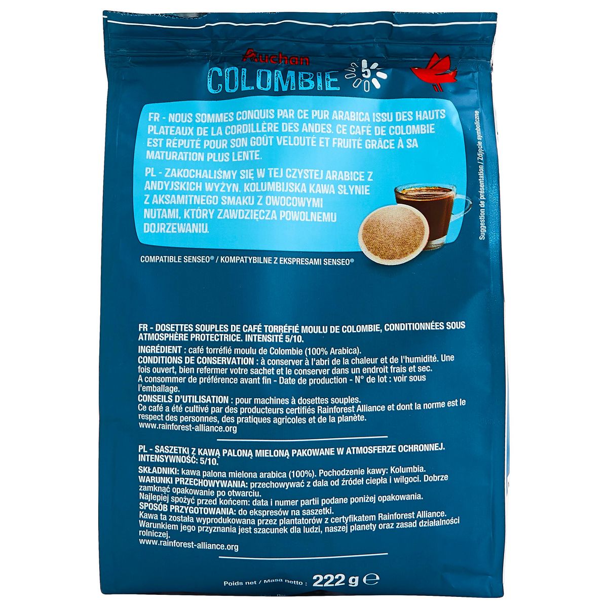 AUCHAN Café en dosettes Colombie doux et acidulé intensité 5 32 dosettes 222g