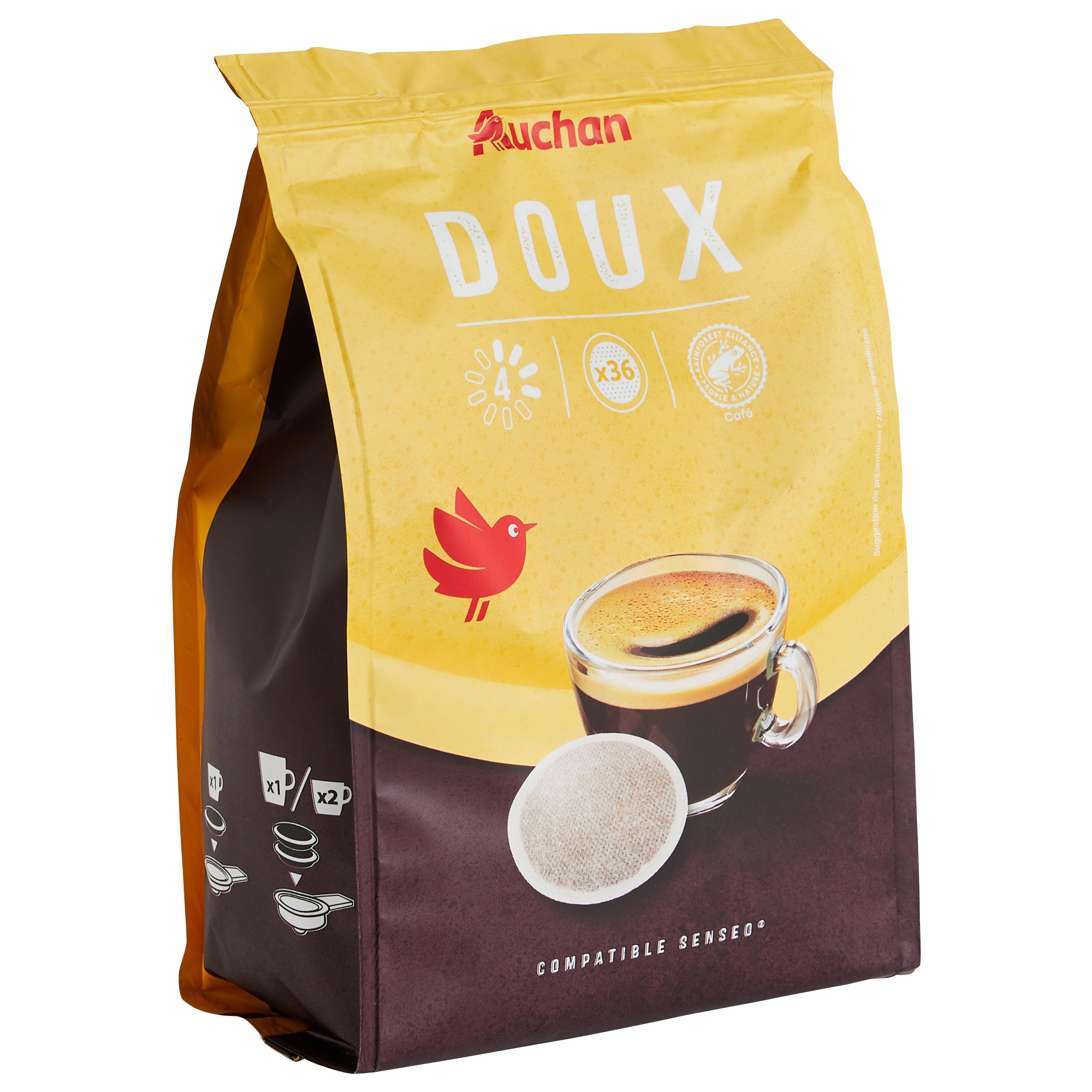 Voir la diapositive 2 : AUCHAN Dosettes de café doux intensité 3 compatibles Senseo 36 dosettes 250g