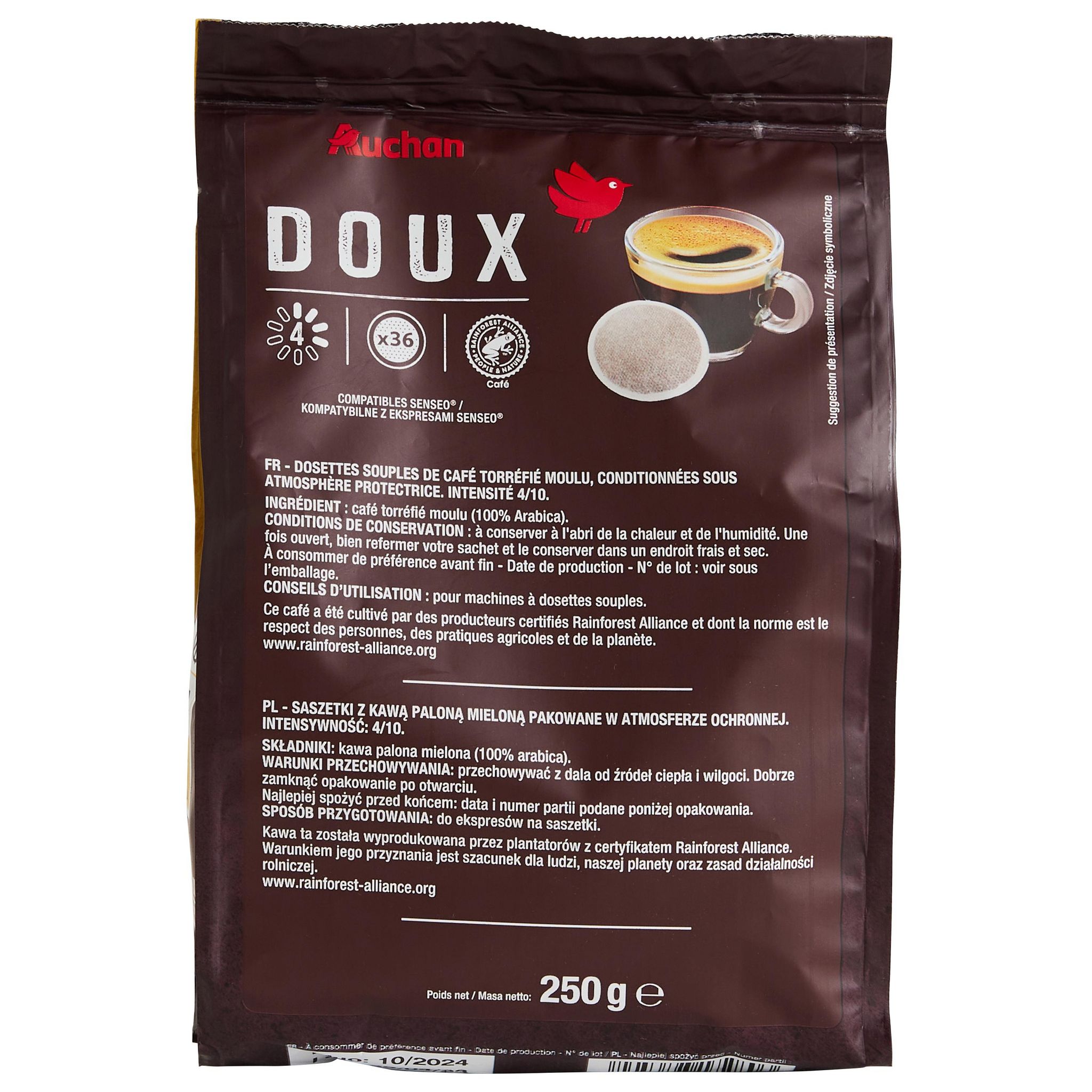 Voir la diapositive 2 : AUCHAN Dosettes de café doux intensité 3 compatibles Senseo 36 dosettes 250g
