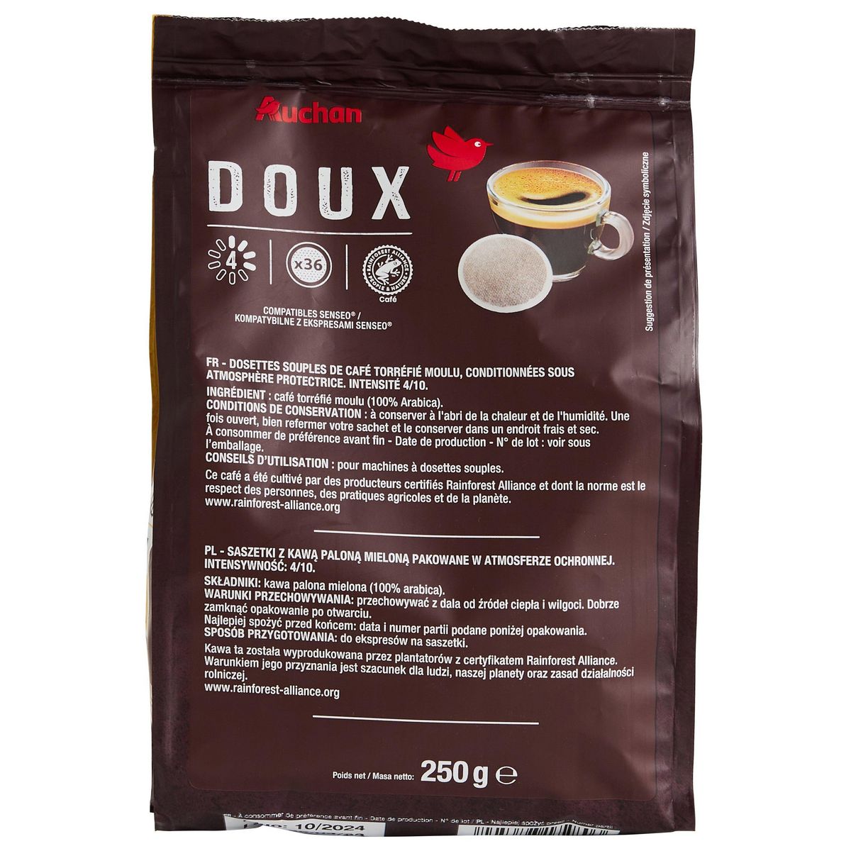 AUCHAN Dosettes de café doux intensité 3 compatibles Senseo 36 dosettes 250g