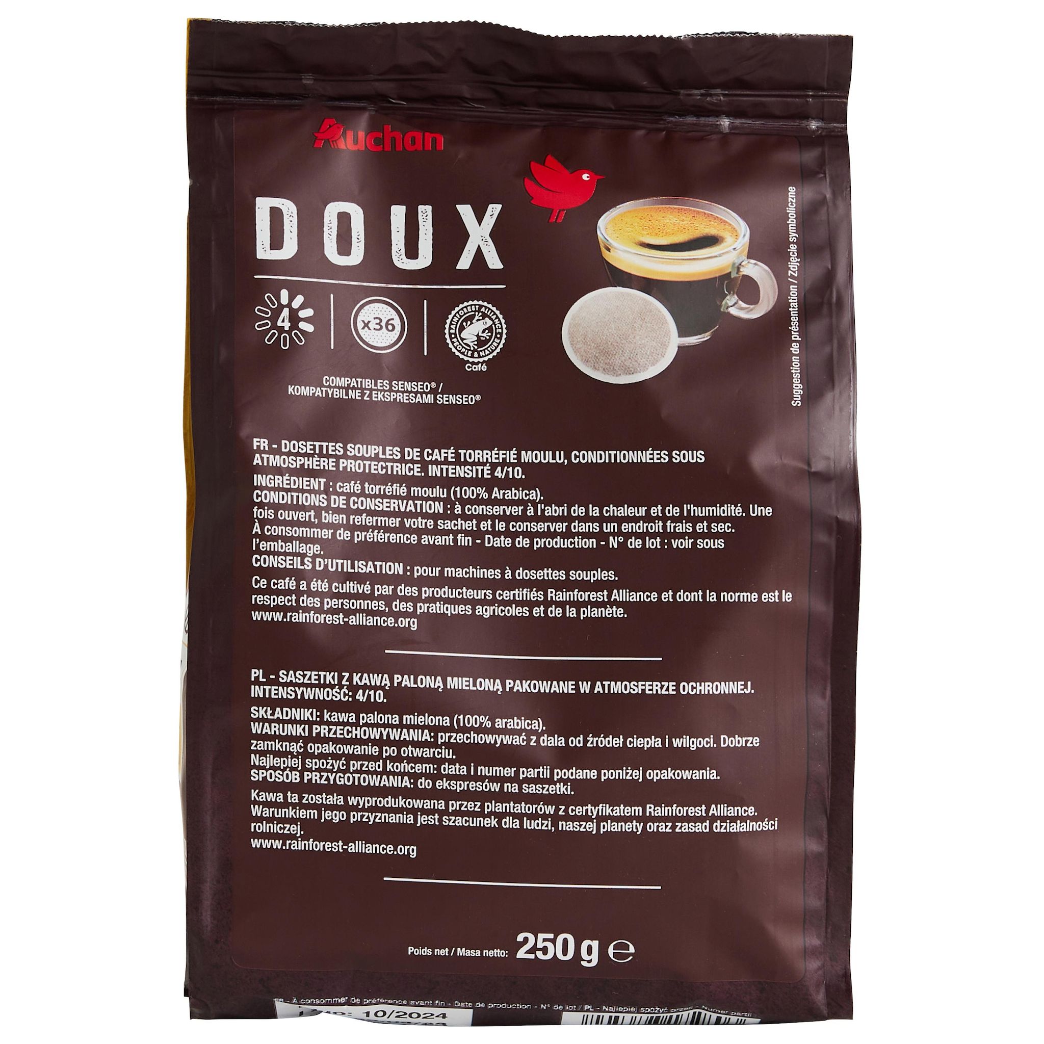 Voir la diapositive 3 : AUCHAN Dosettes de café doux intensité 3 compatibles Senseo 36 dosettes 250g
