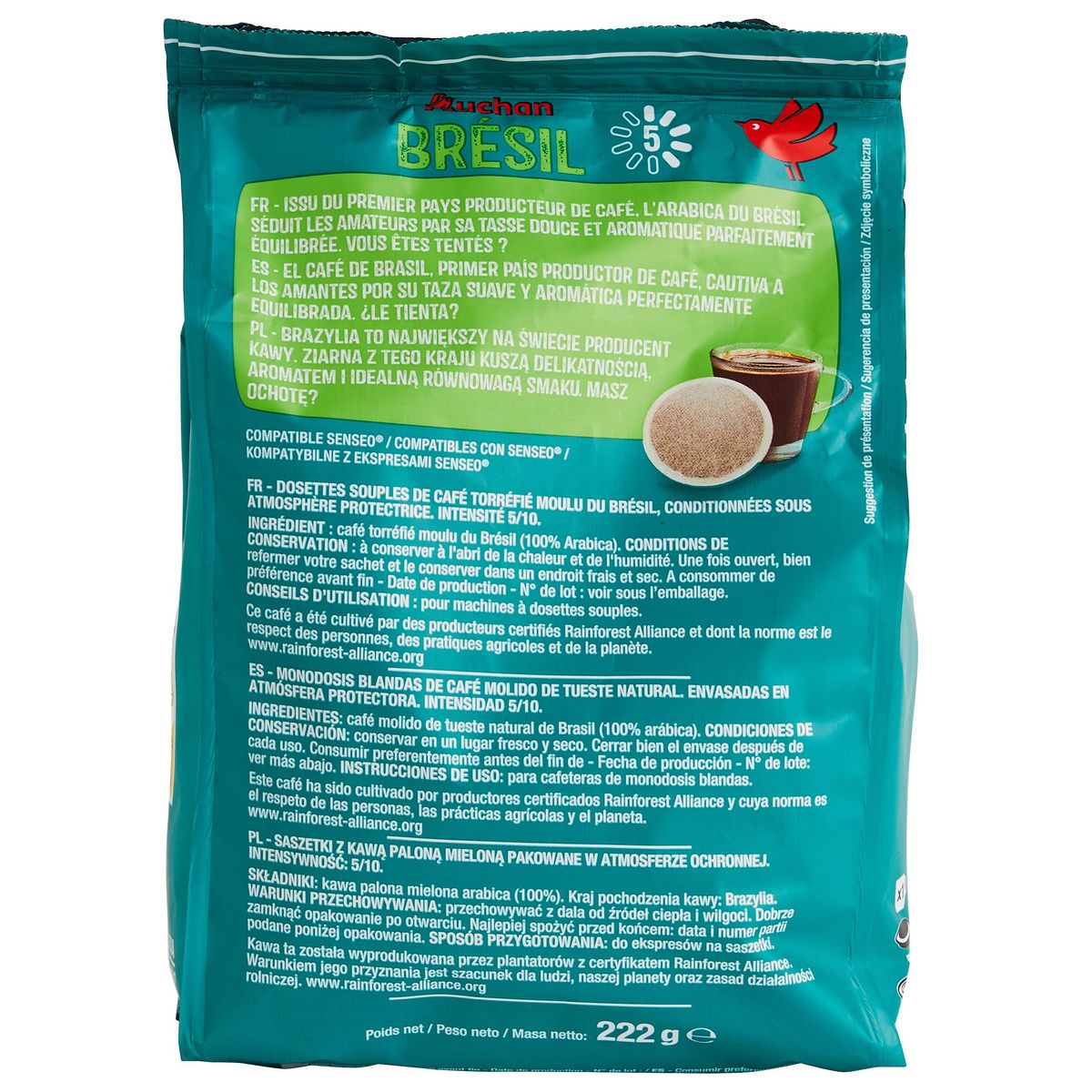 AUCHAN Café en dosettes sensation Brazil intensité 5 fin et doux compatibles Senseo 32 dosettes 222g