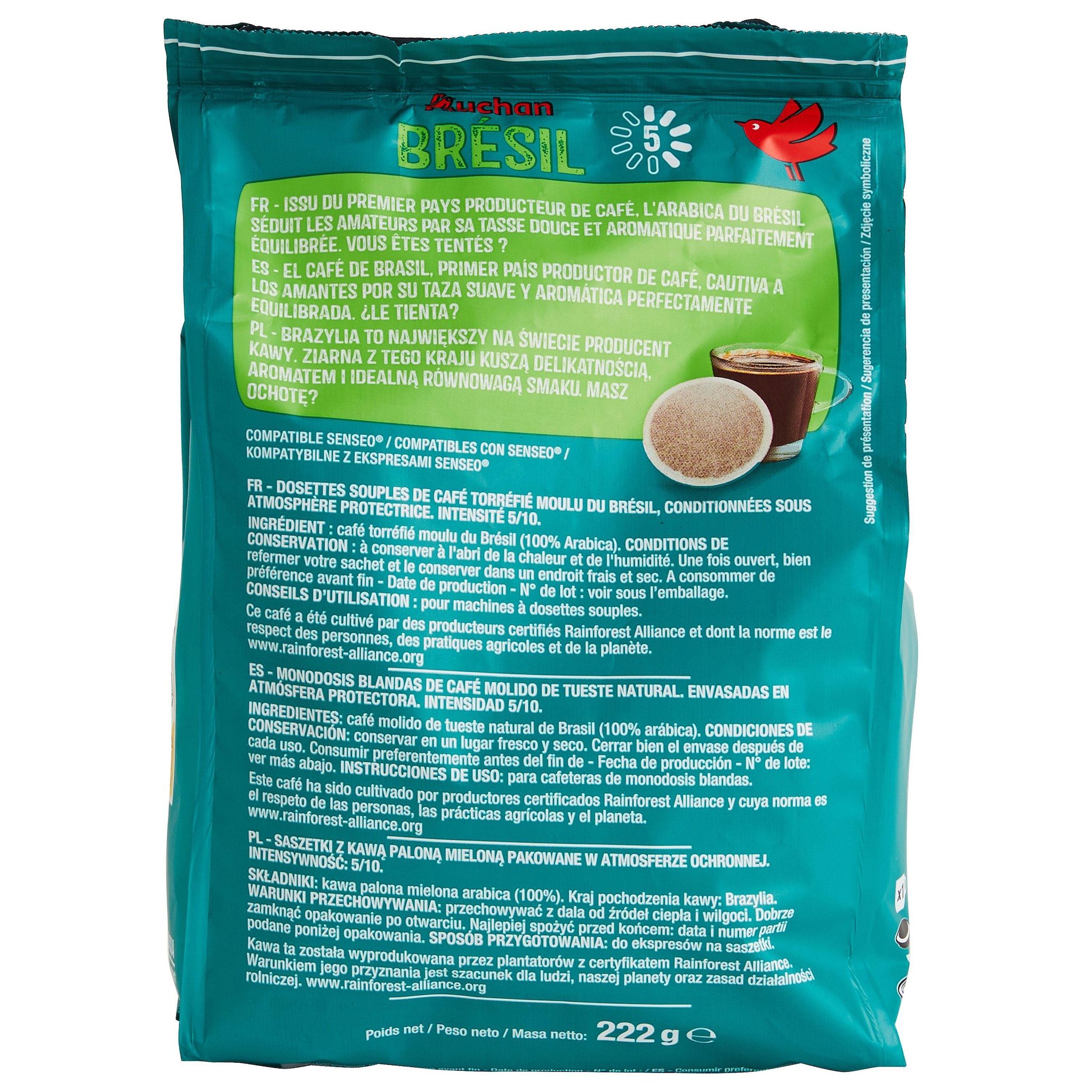 Voir la diapositive 3 : AUCHAN Café en dosettes sensation Brazil intensité 5 fin et doux compatibles Senseo 32 dosettes 222g