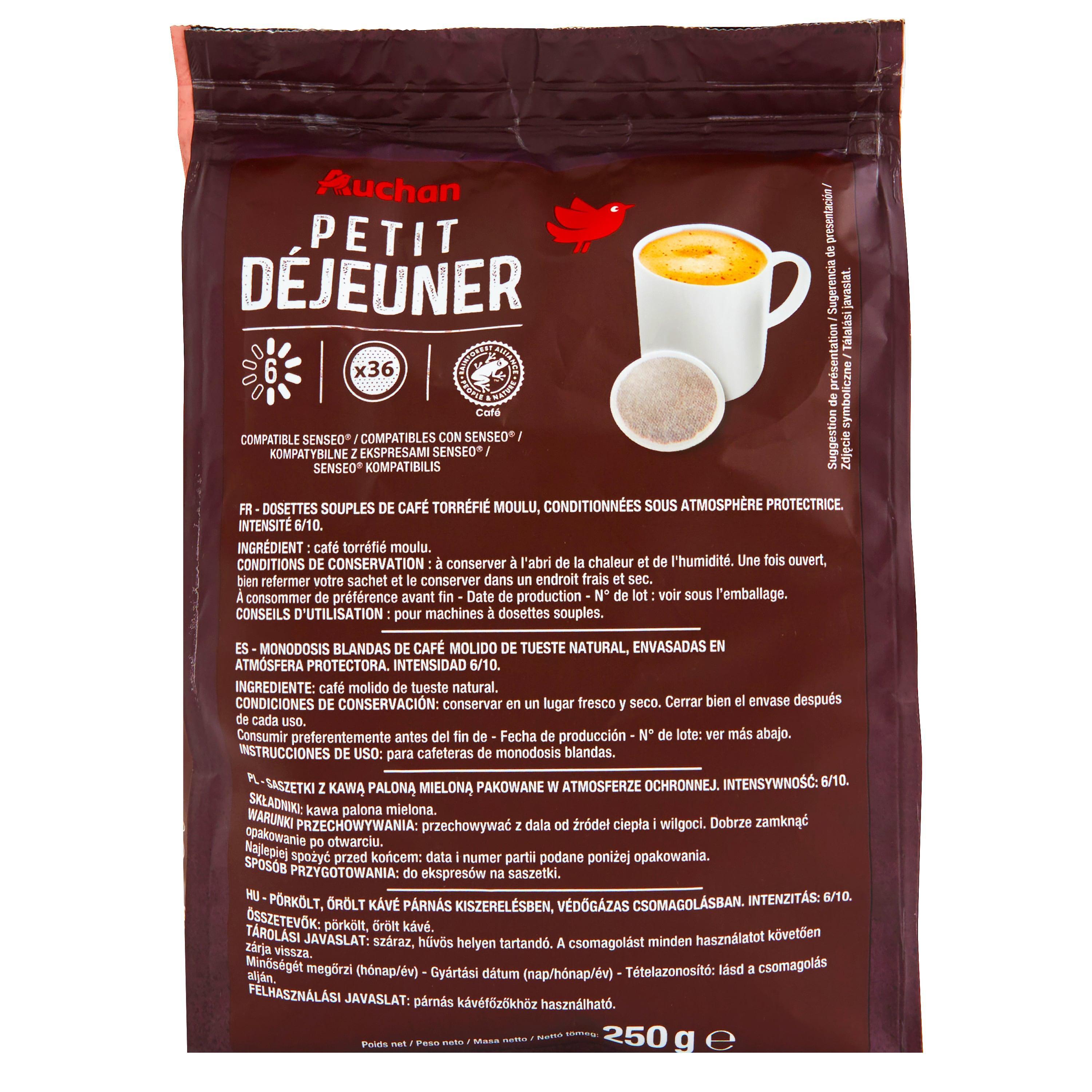 Voir la diapositive 2 : AUCHAN Dosettes de café petit déjeuner intensité 6 compatibles Senseo 36 dosettes 250g