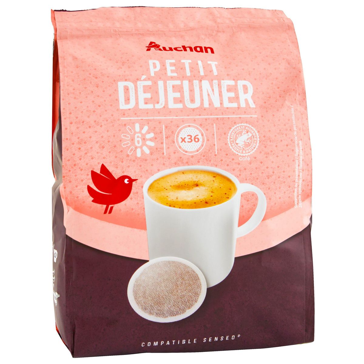 AUCHAN Dosettes de café petit déjeuner intensité 6 compatibles Senseo 36 dosettes 250g