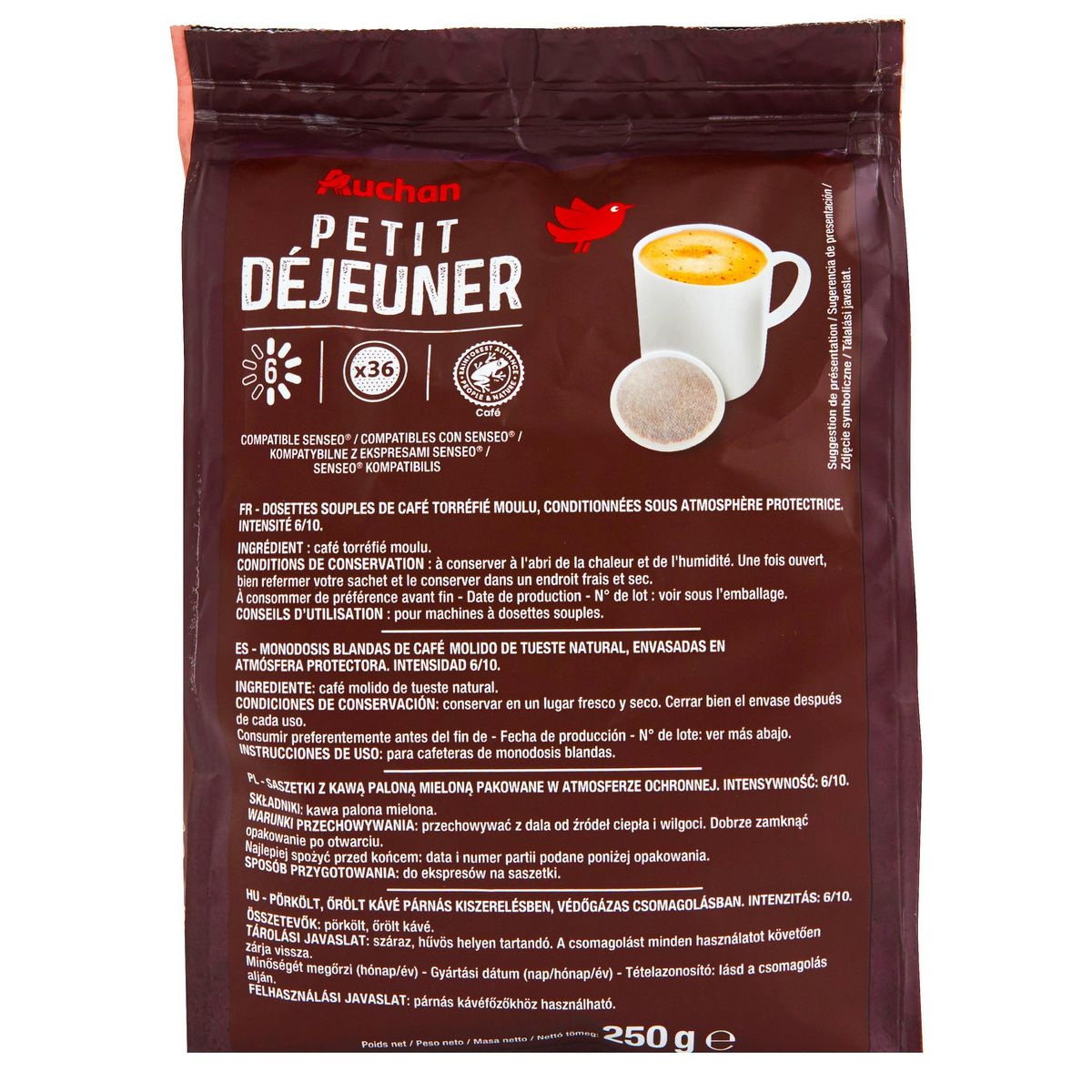 AUCHAN Dosettes de café petit déjeuner intensité 6 compatibles Senseo 36 dosettes 250g