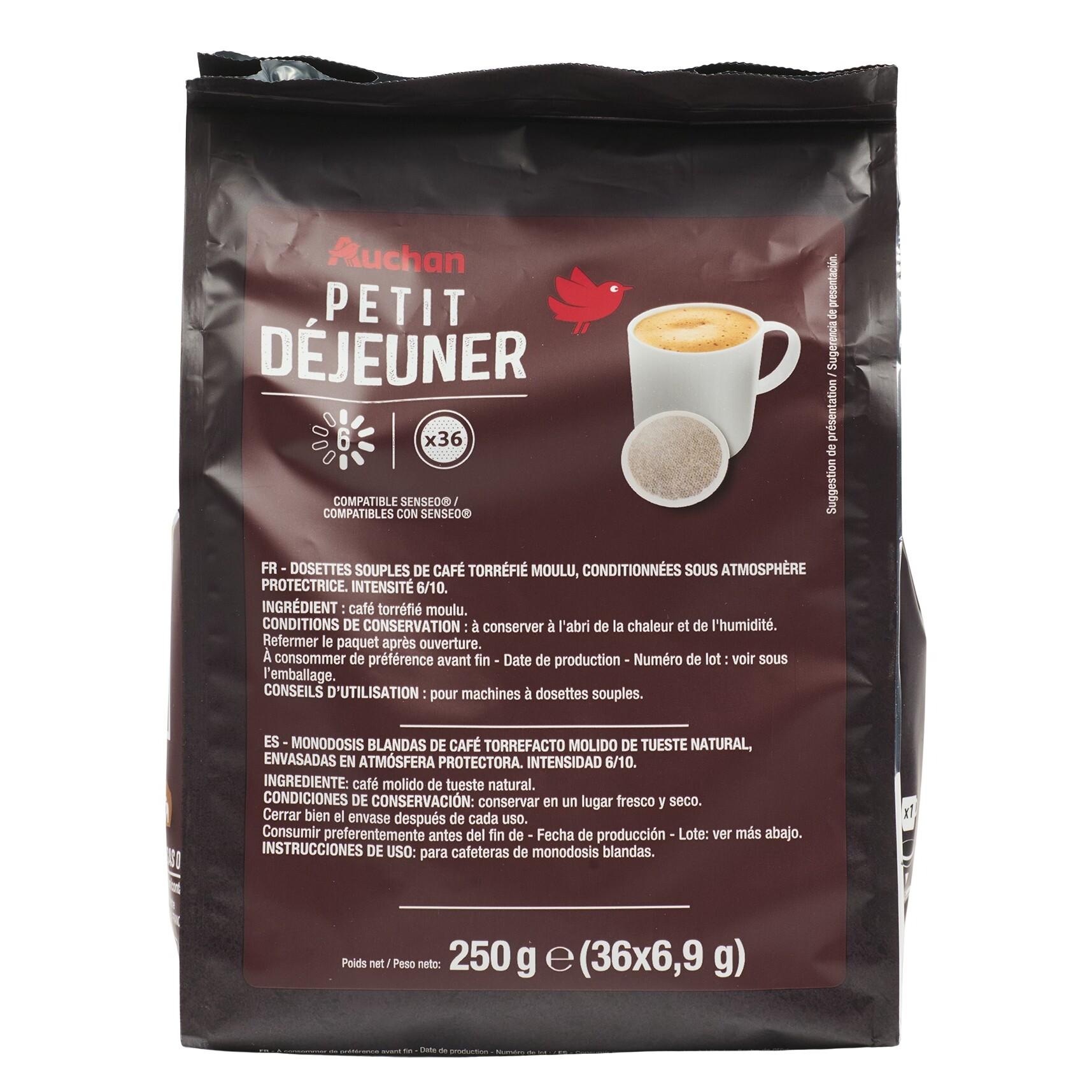 Voir la diapositive 4 : AUCHAN Dosettes de café petit déjeuner intensité 6 compatibles Senseo 36 dosettes 250g