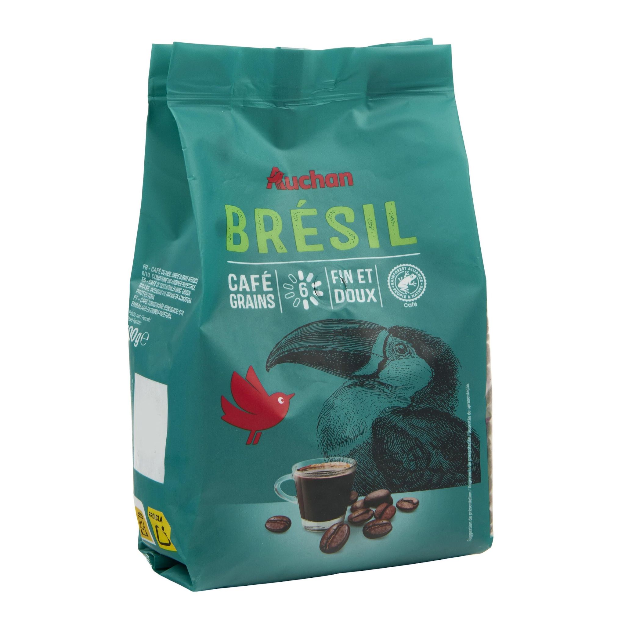Voir la diapositive 2 : AUCHAN Café en grains du Brésil intensité 6 fin et doux 100 tasses 500g