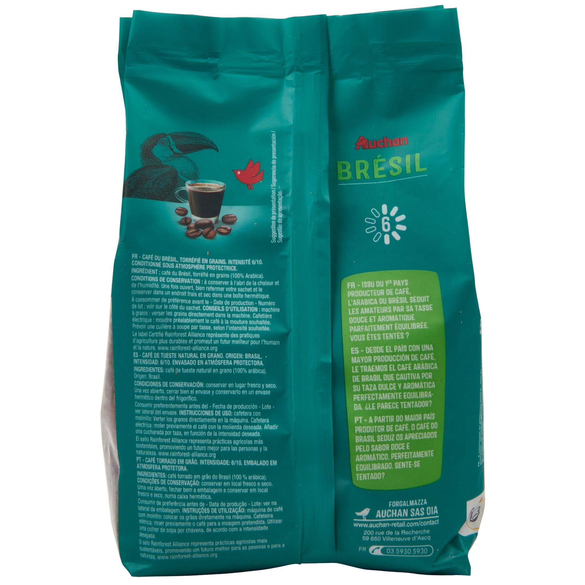 Voir la diapositive 3 : AUCHAN Café en grains du Brésil intensité 6 fin et doux 100 tasses 500g