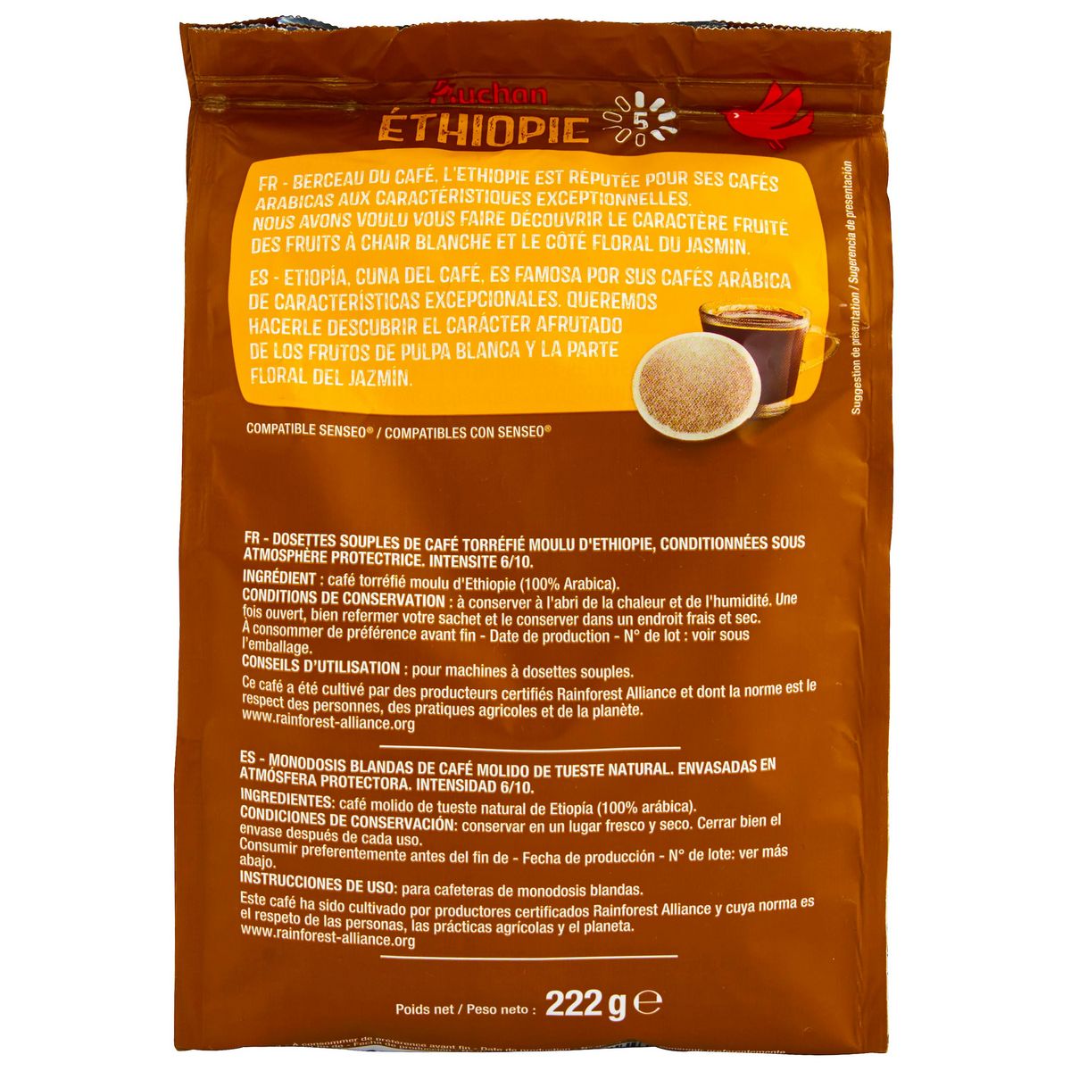 AUCHAN Café en dosettes Ethiopie intensité 5 riche et floral compatibles Senseo 32 dosettes 222g