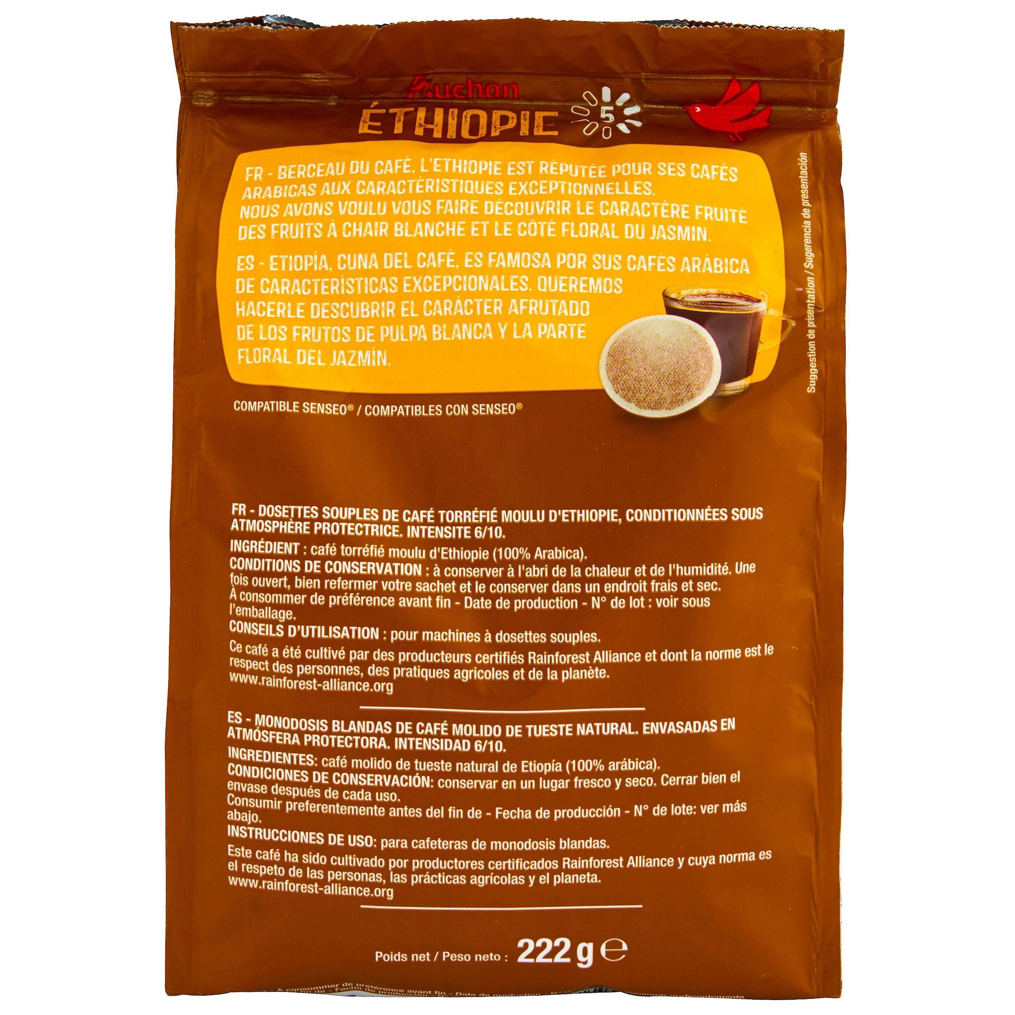 Voir la diapositive 2 : AUCHAN Café en dosettes Ethiopie intensité 5 riche et floral compatibles Senseo 32 dosettes 222g