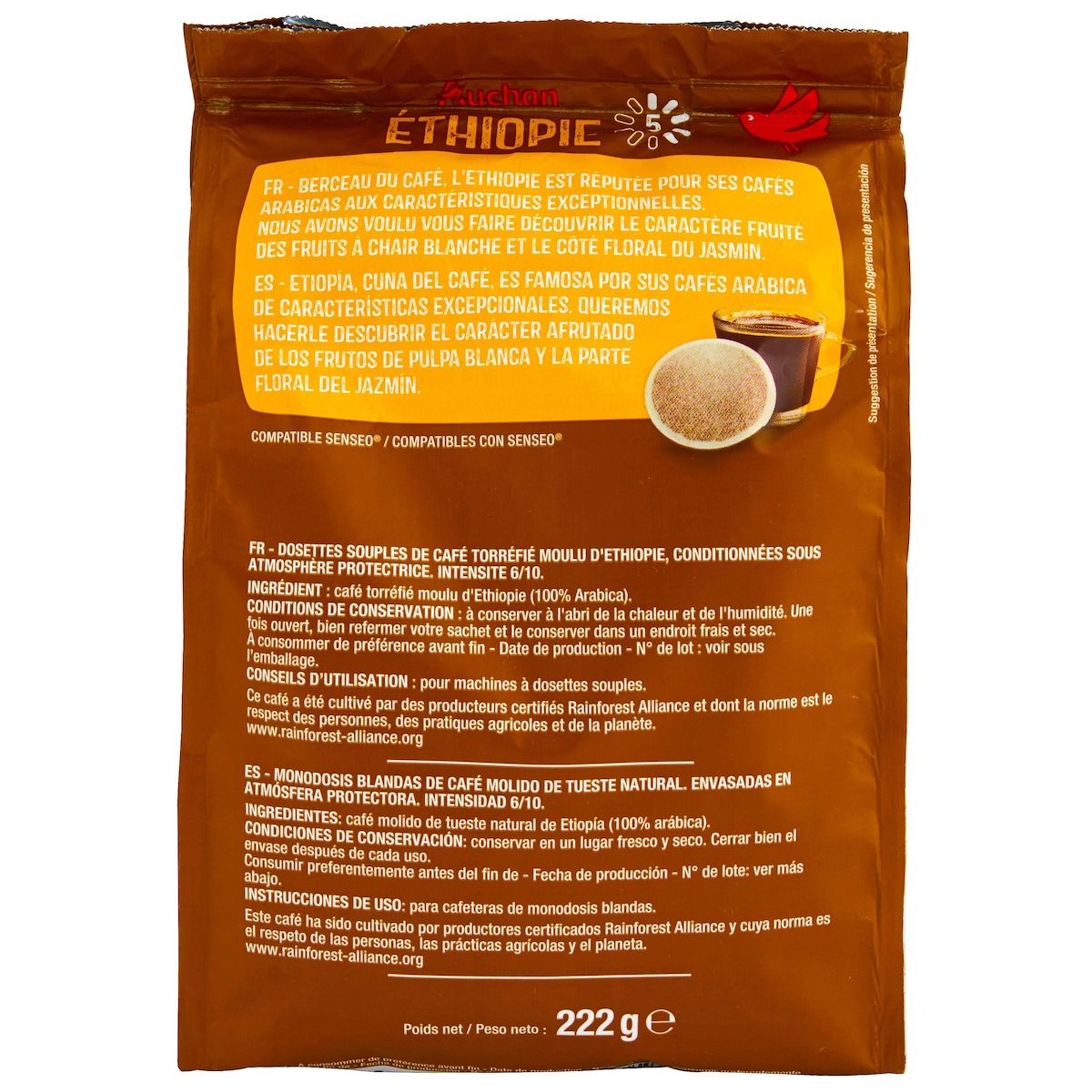 AUCHAN Café en dosettes Ethiopie intensité 5 riche et floral compatibles Senseo 32 dosettes 222g