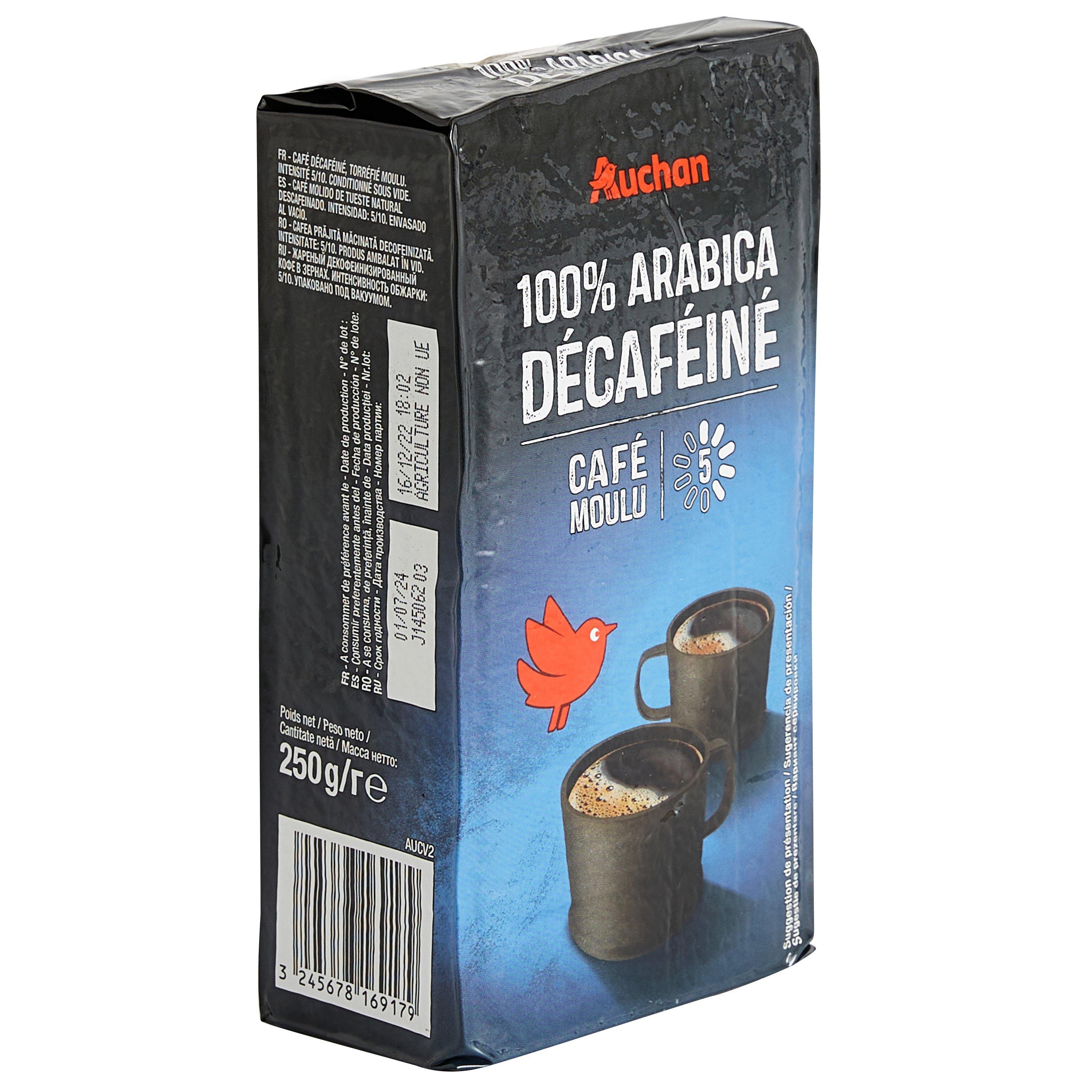 Voir la diapositive 2 : AUCHAN Café moulu décaféiné 100% Arabica intensité 5 250g