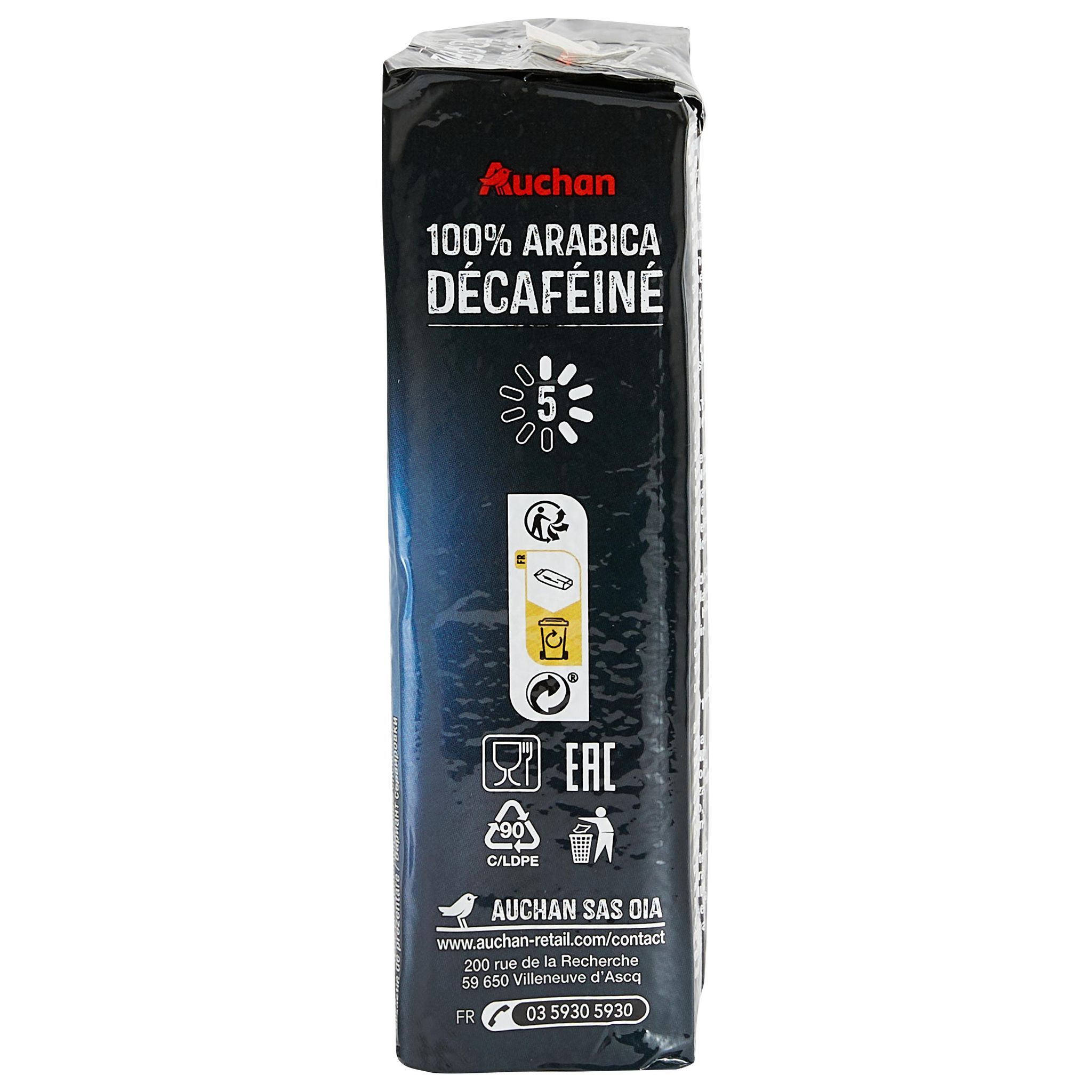 Voir la diapositive 3 : AUCHAN Café moulu décaféiné 100% Arabica intensité 5 250g