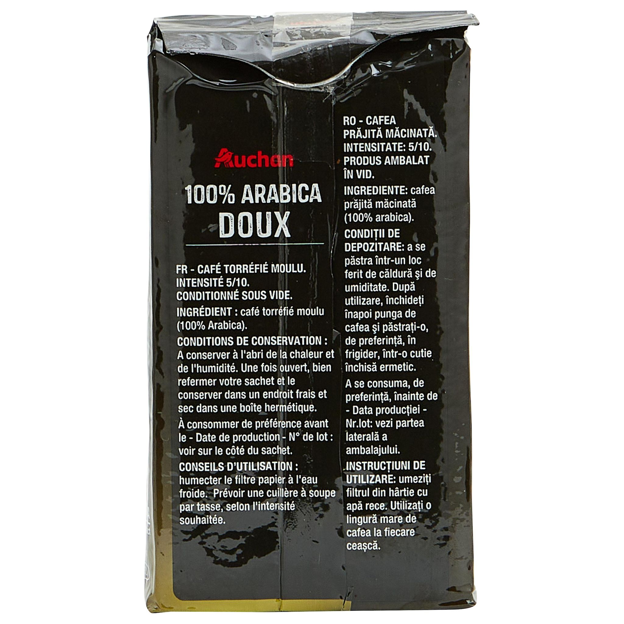 Voir la diapositive 3 : AUCHAN Café moulu 100% arabica doux intensité 5 250g