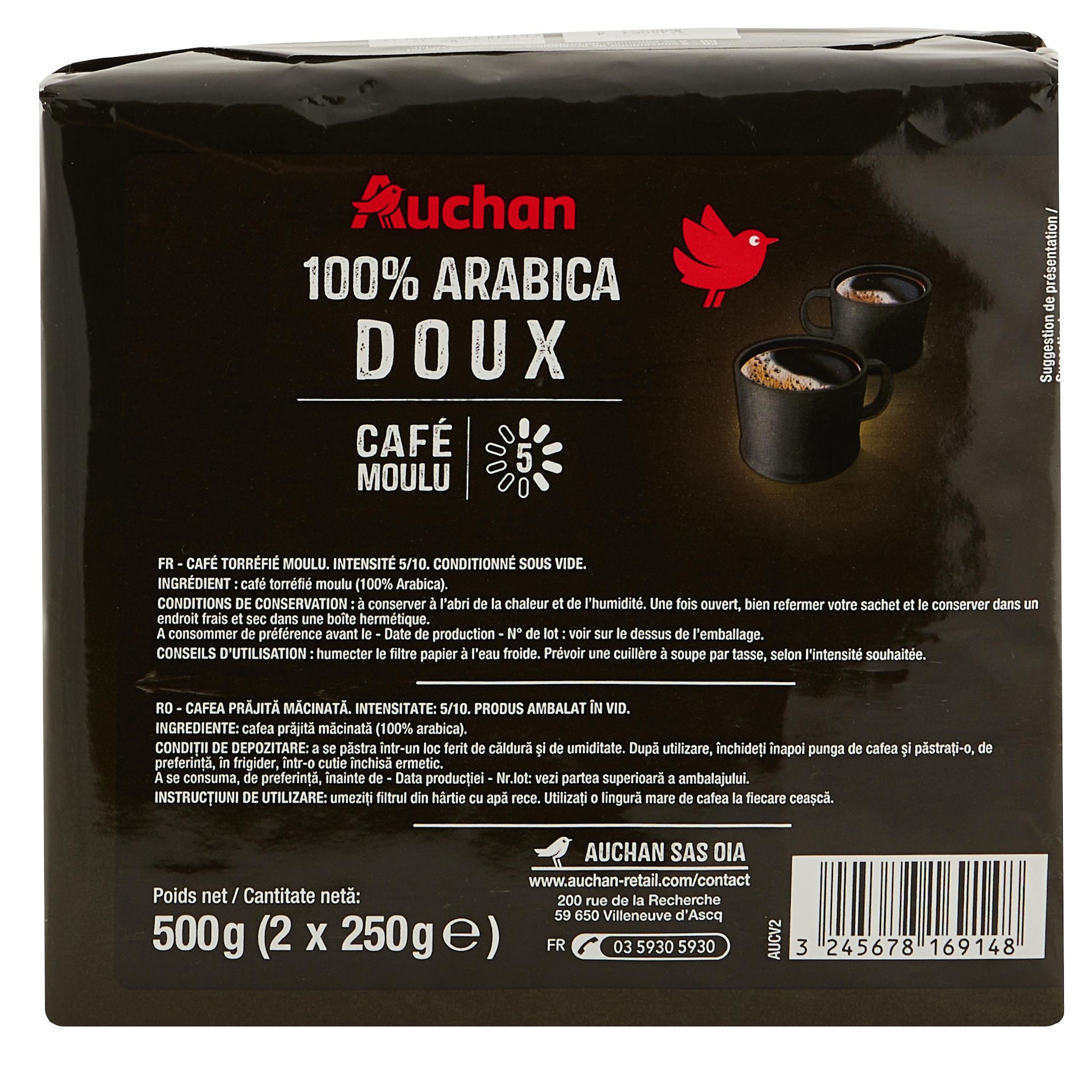Voir la diapositive 2 : AUCHAN Café moulu dolce 100% arabica intensité 5 2x250g 500g