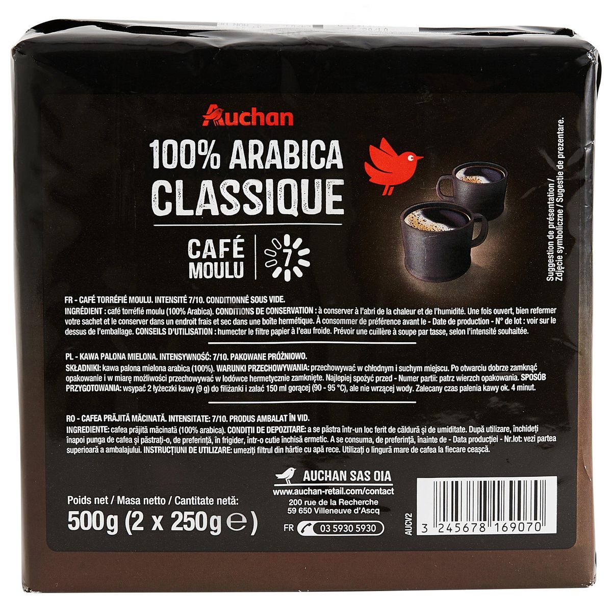 AUCHAN Café moulu classico 100% arabica intensité 7 2x250g