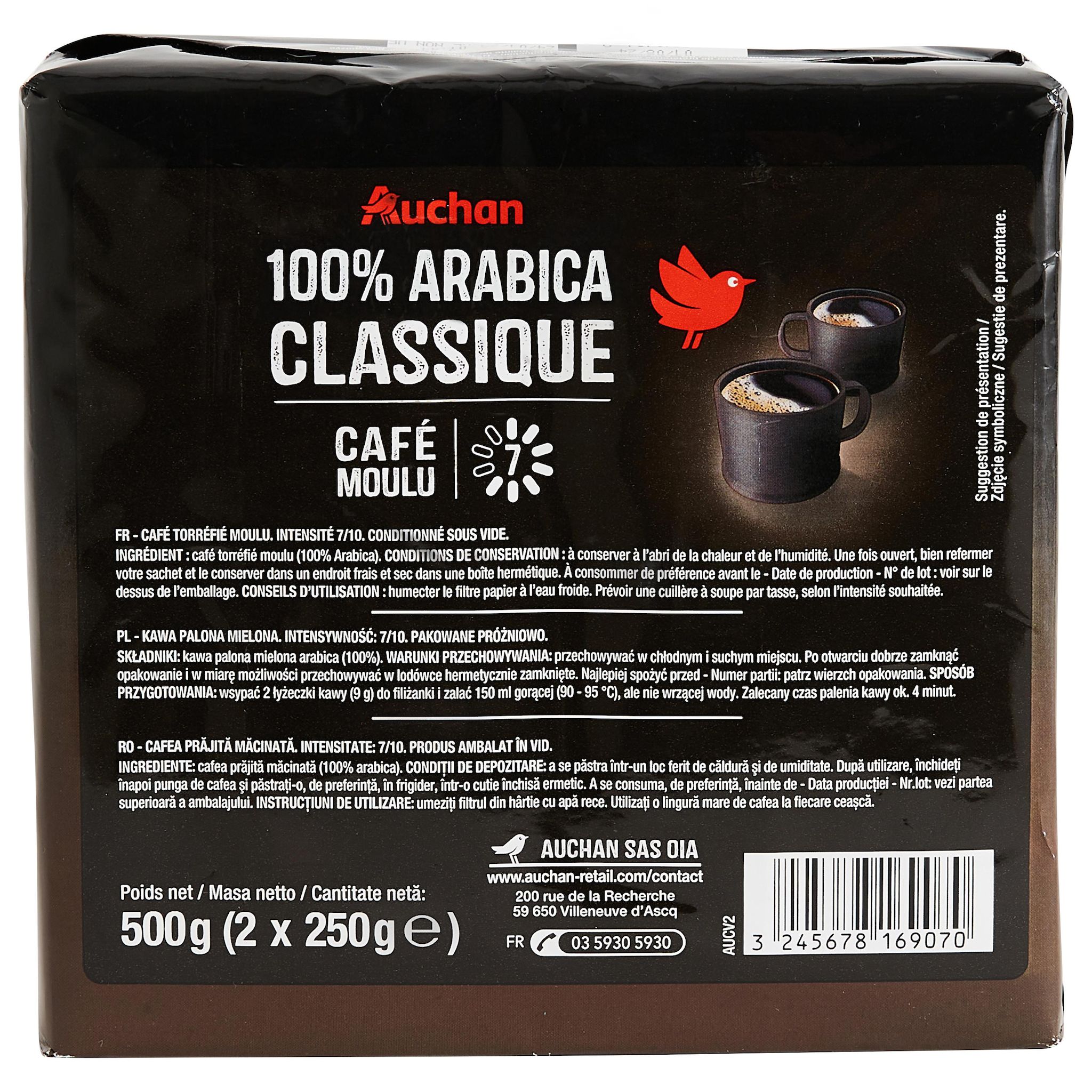 Voir la diapositive 3 : AUCHAN Café moulu classico 100% arabica intensité 7 2x250g