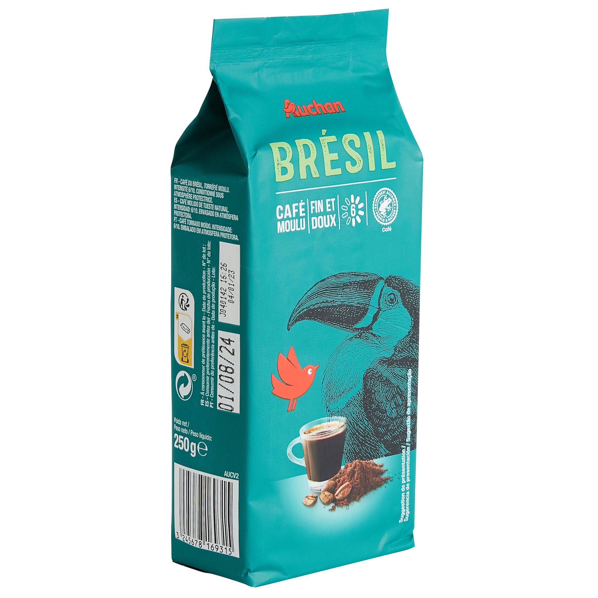 Voir la diapositive 2 : AUCHAN Café moulu sensation Brésil intensité 6 250g