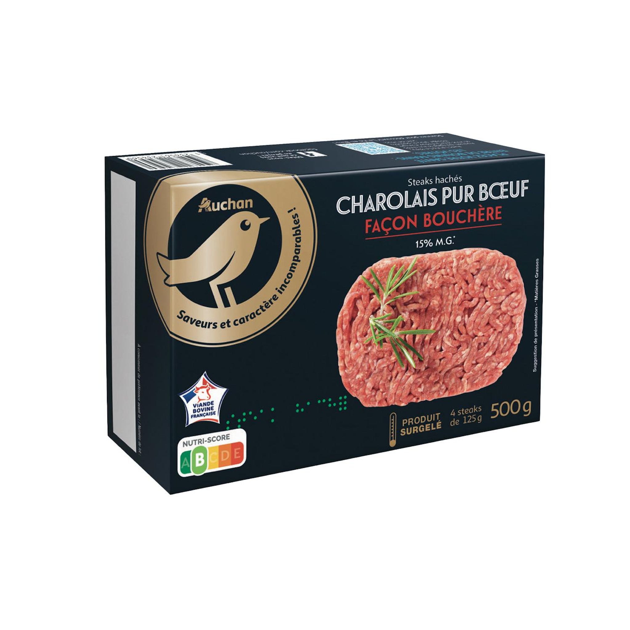 Voir la diapositive 2 : AUCHAN Steaks hachés pur boeuf façon bouchère 15% mg 4 pièces 500g