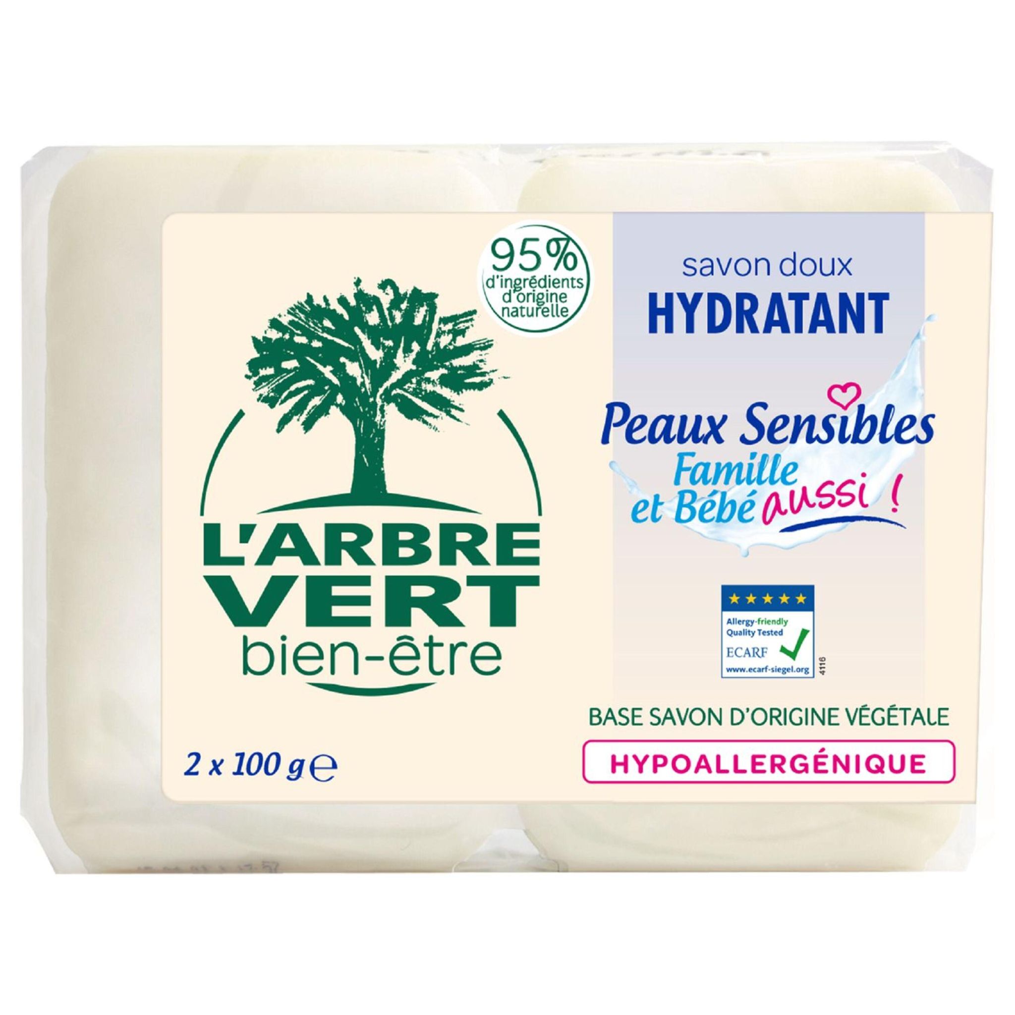 Voir la diapositive 2 : L'ARBRE VERT Savon doux peaux sensibles famille et bébé hypoallergénique enrichi en glycérine 2x100g