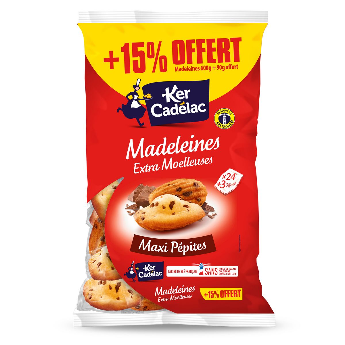 KER CADELAC Madeleines extra moelleuses maxi pépites chocolat 600g + 15%offerts 690g