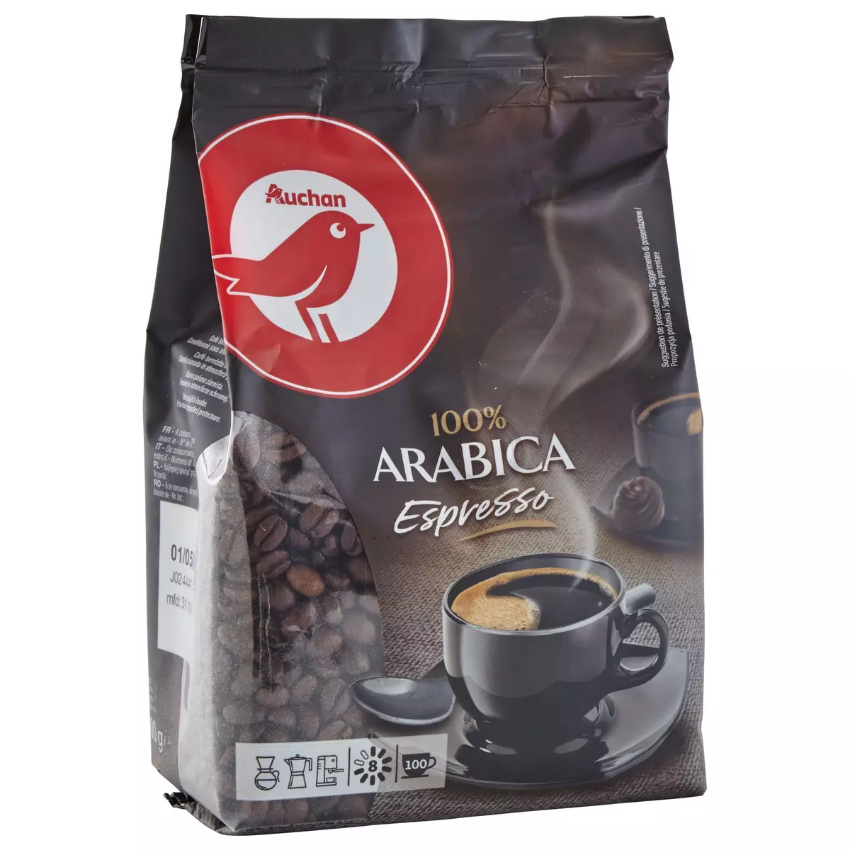 AUCHAN Café en grains espresso 100% arabica intensité 8 500g