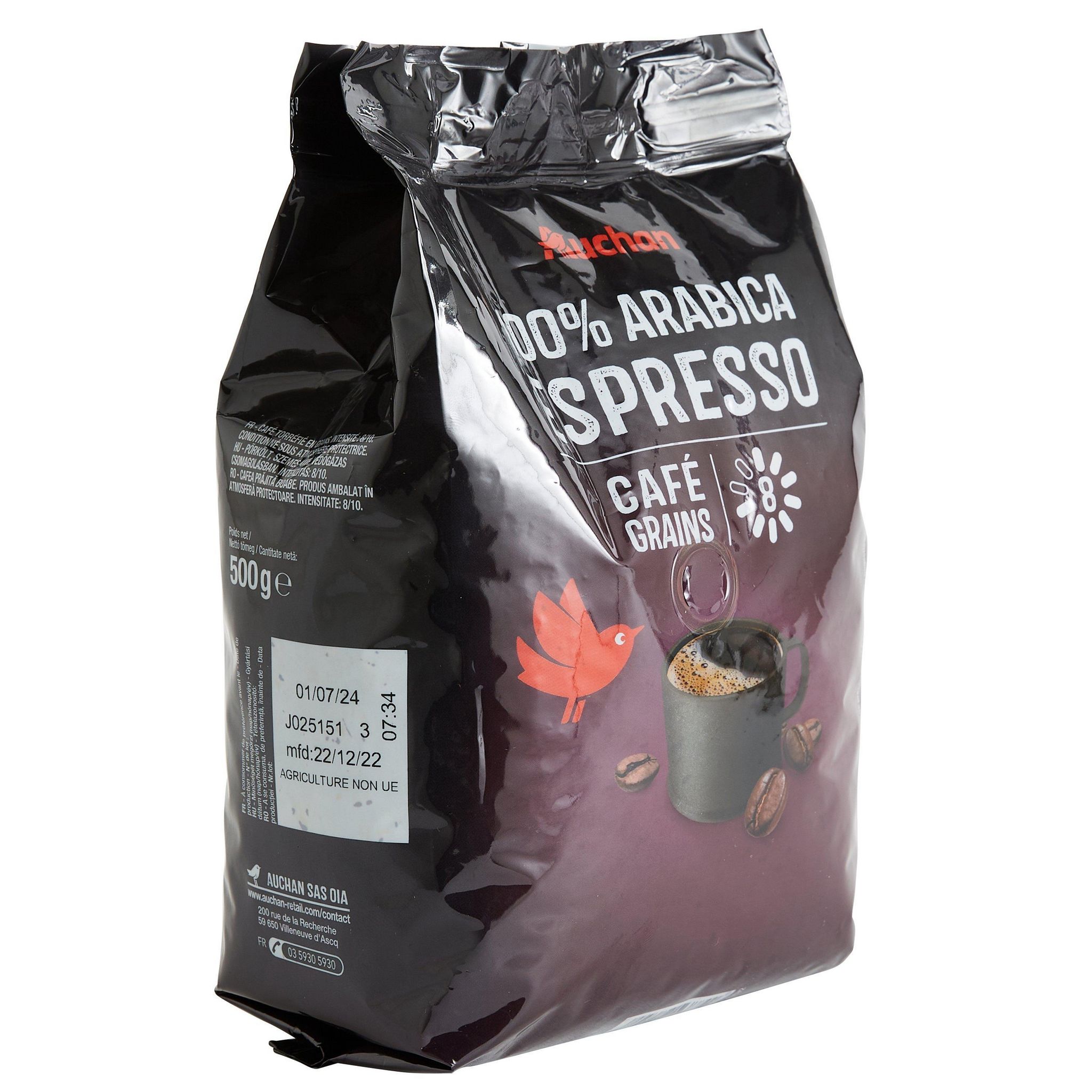 Voir la diapositive 3 : AUCHAN Café en grains espresso 100% arabica intensité 8 500g