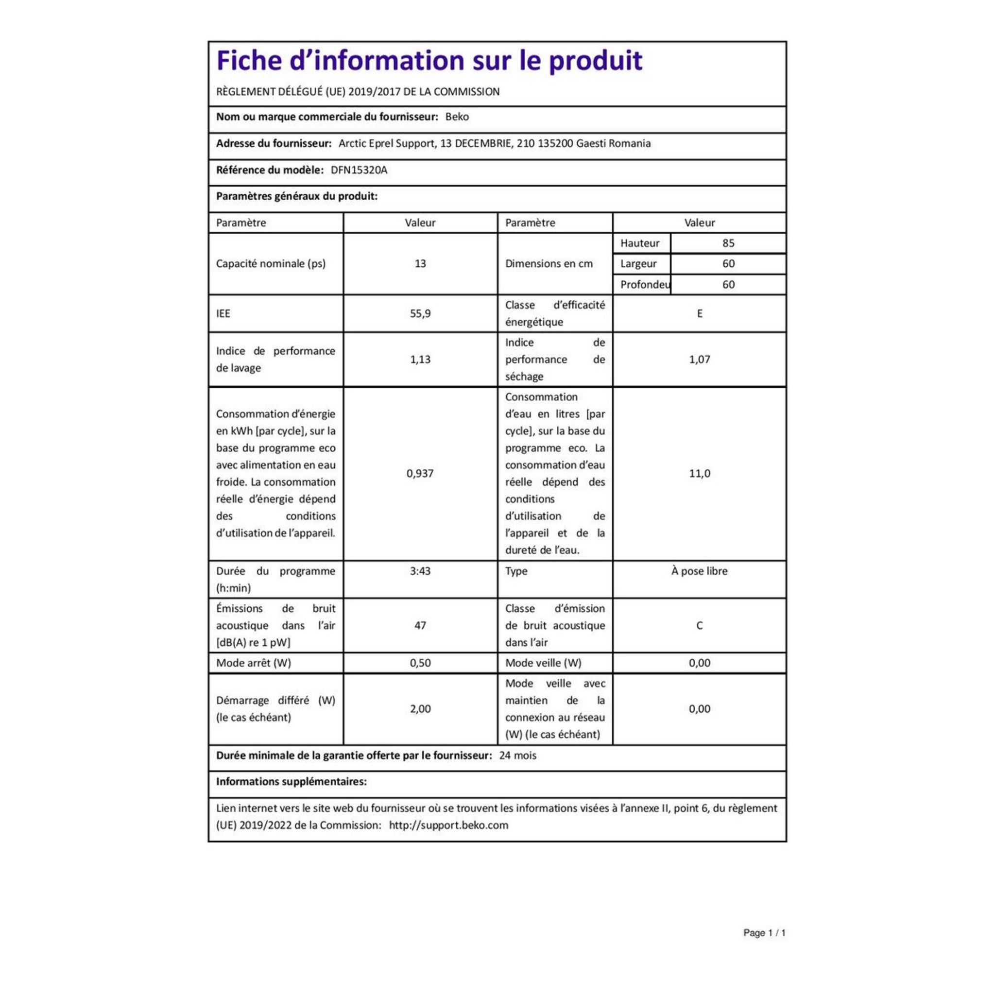 Voir la diapositive 9 : BEKO Lave-vaisselle pose libre DFN15320A, 13 couverts, 60 cm, 47 dB, 5 programmes