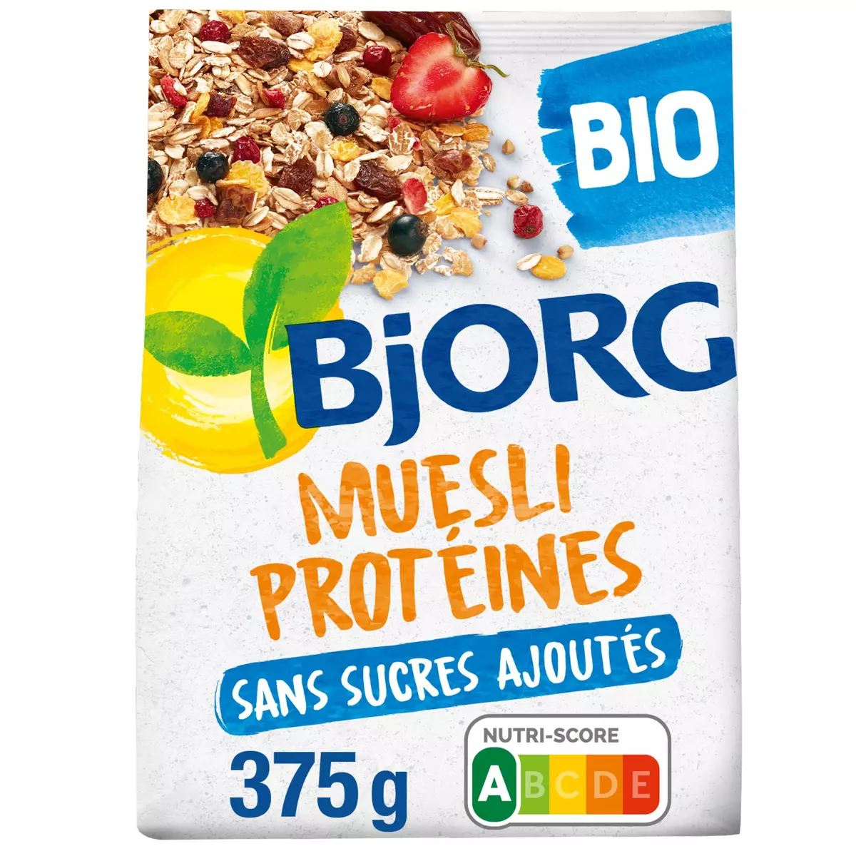 BJORG Muesli protéines soja dattes et fruits rouges bio sans sucre ajoutés  375g pas cher 