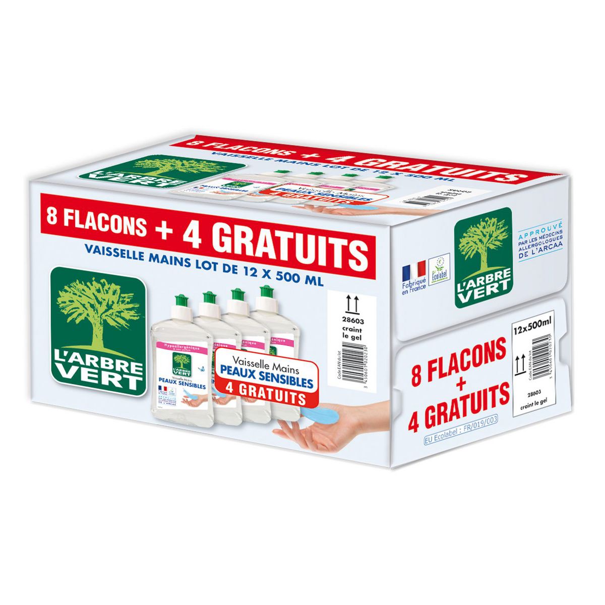 L'ARBRE VERT Liquide vaisselle peaux sensibles 8x500ml +4x500ml offert