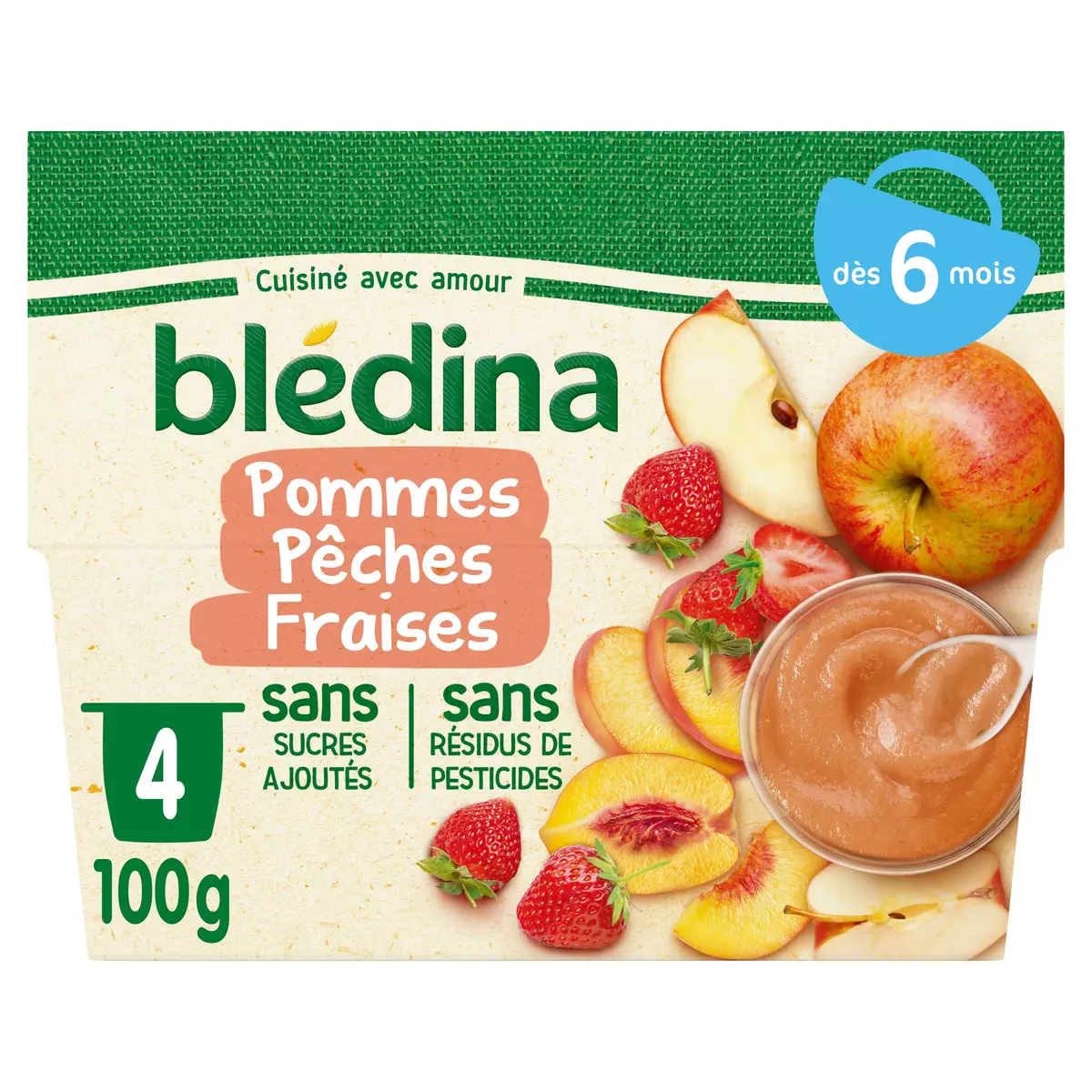 BLEDINA Petit pot dessert pommes pêches et fraises dès 6 mois 4x100g
