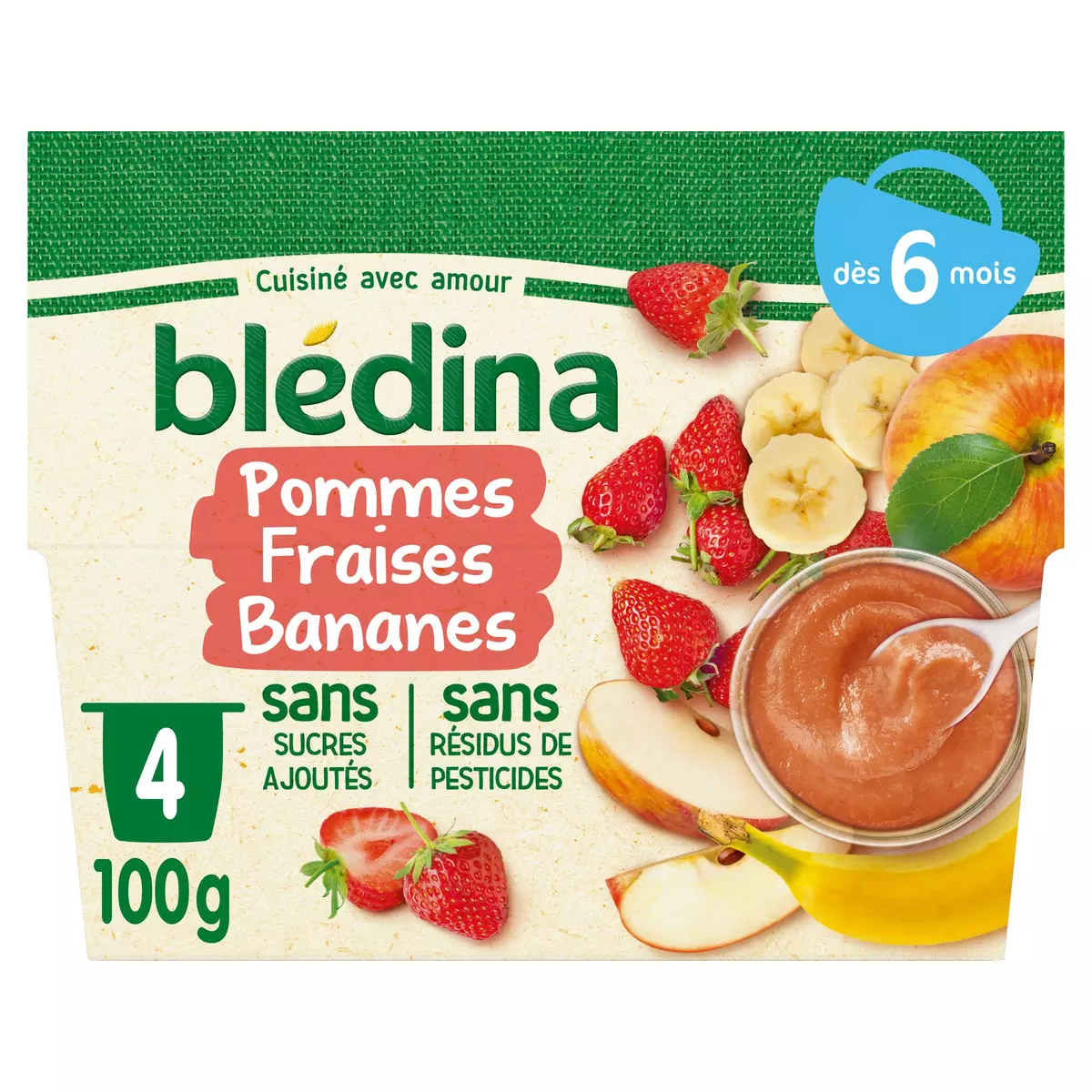 BLEDINA Petit pot dessert pommes fraises bananes dès 6 mois 4x100g