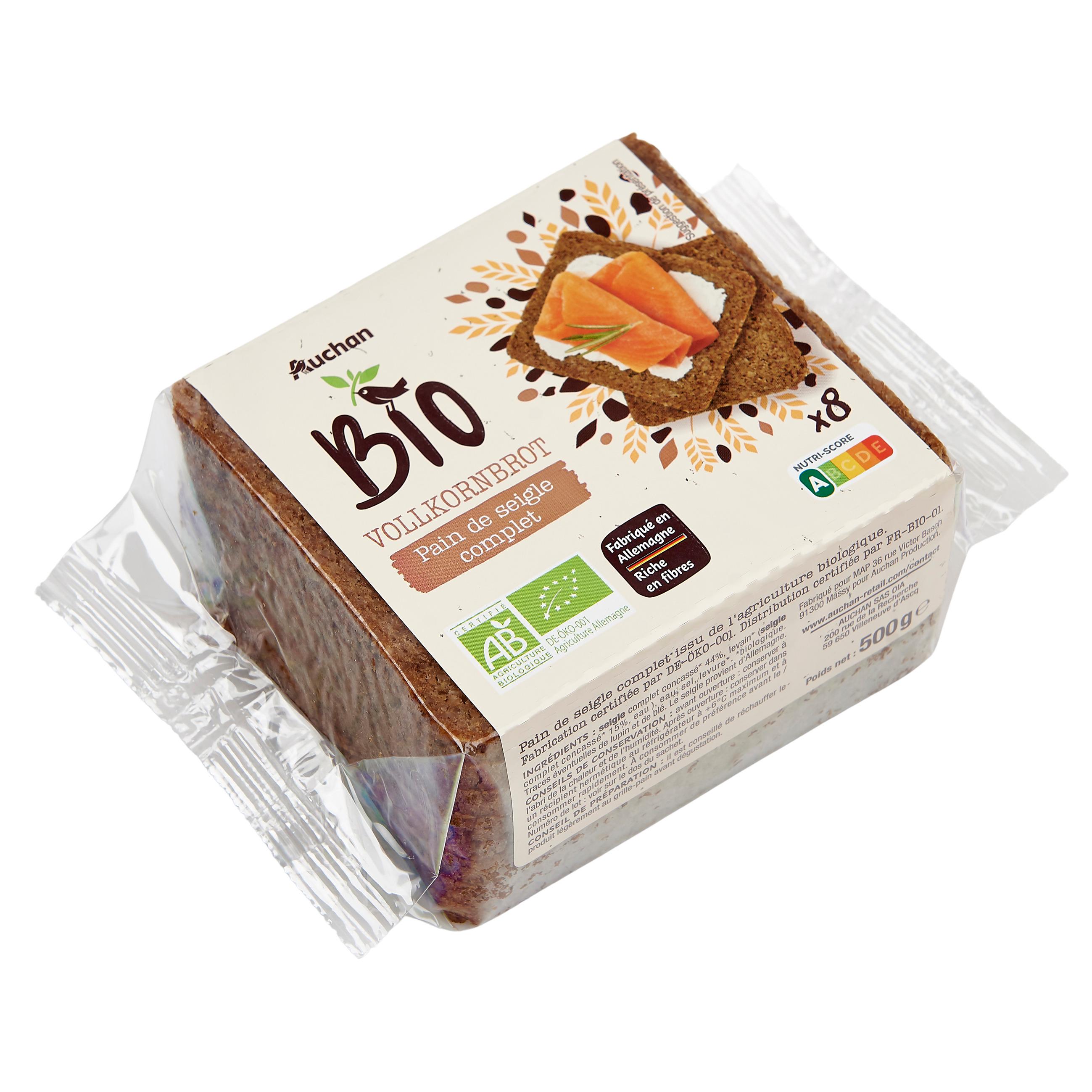 Voir la diapositive 2 : AUCHAN BIO Pain de seigle complet 8 tranches 500g