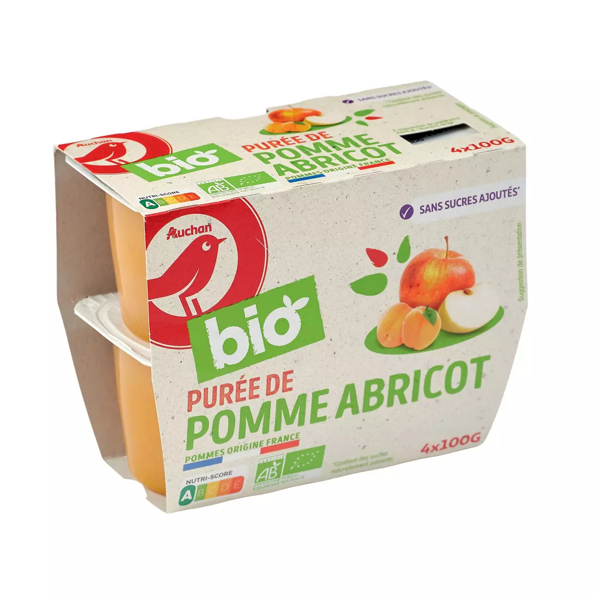 AUCHAN BIO Purée de pomme abricot sans sucres ajoutés 4x100g