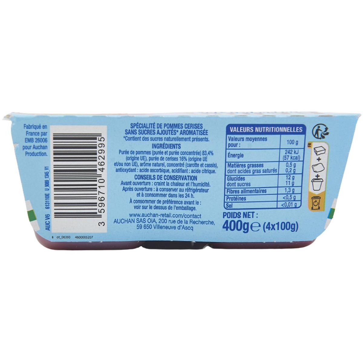 AUCHAN Coupelles pomme cerise sans sucres ajoutés 4x100g