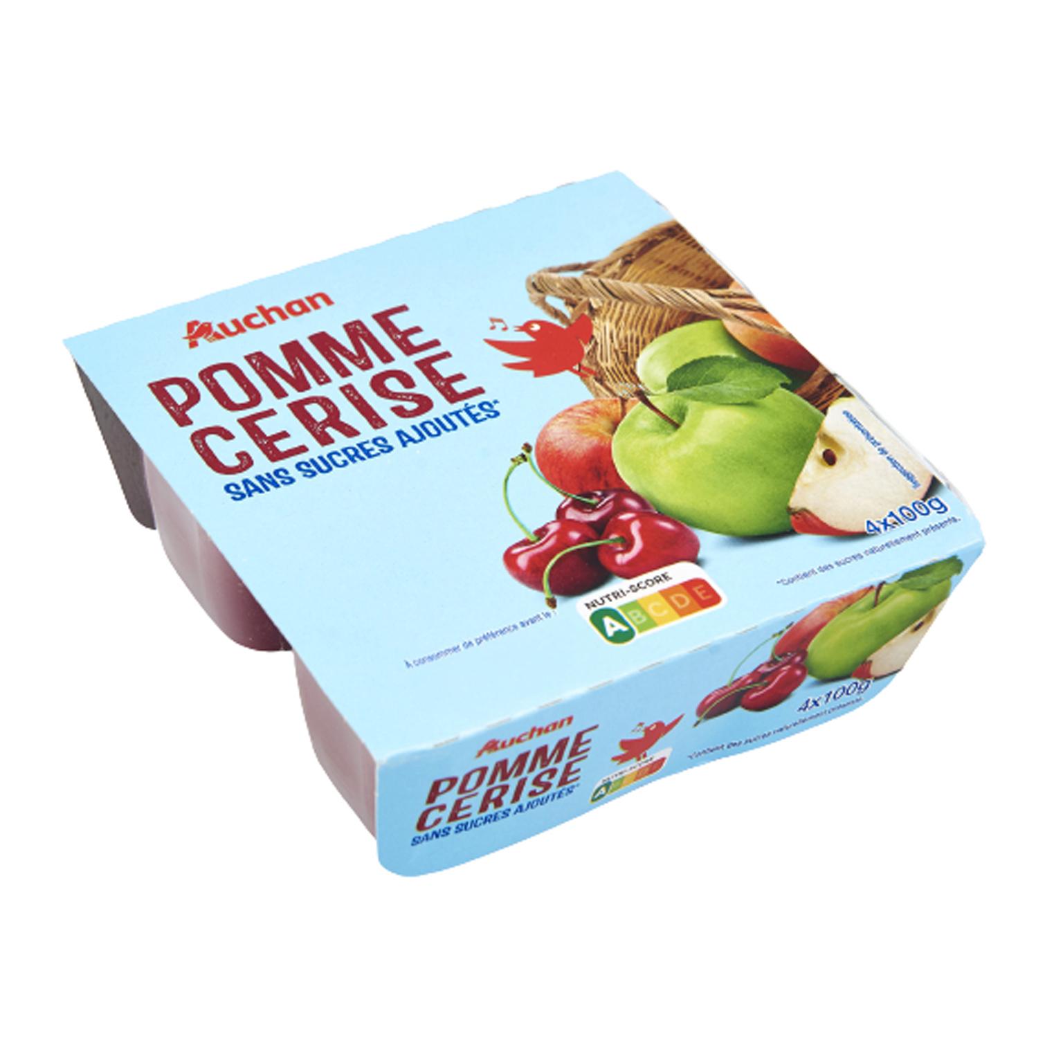 Voir la diapositive 4 : AUCHAN Coupelles pomme cerise sans sucres ajoutés 4x100g